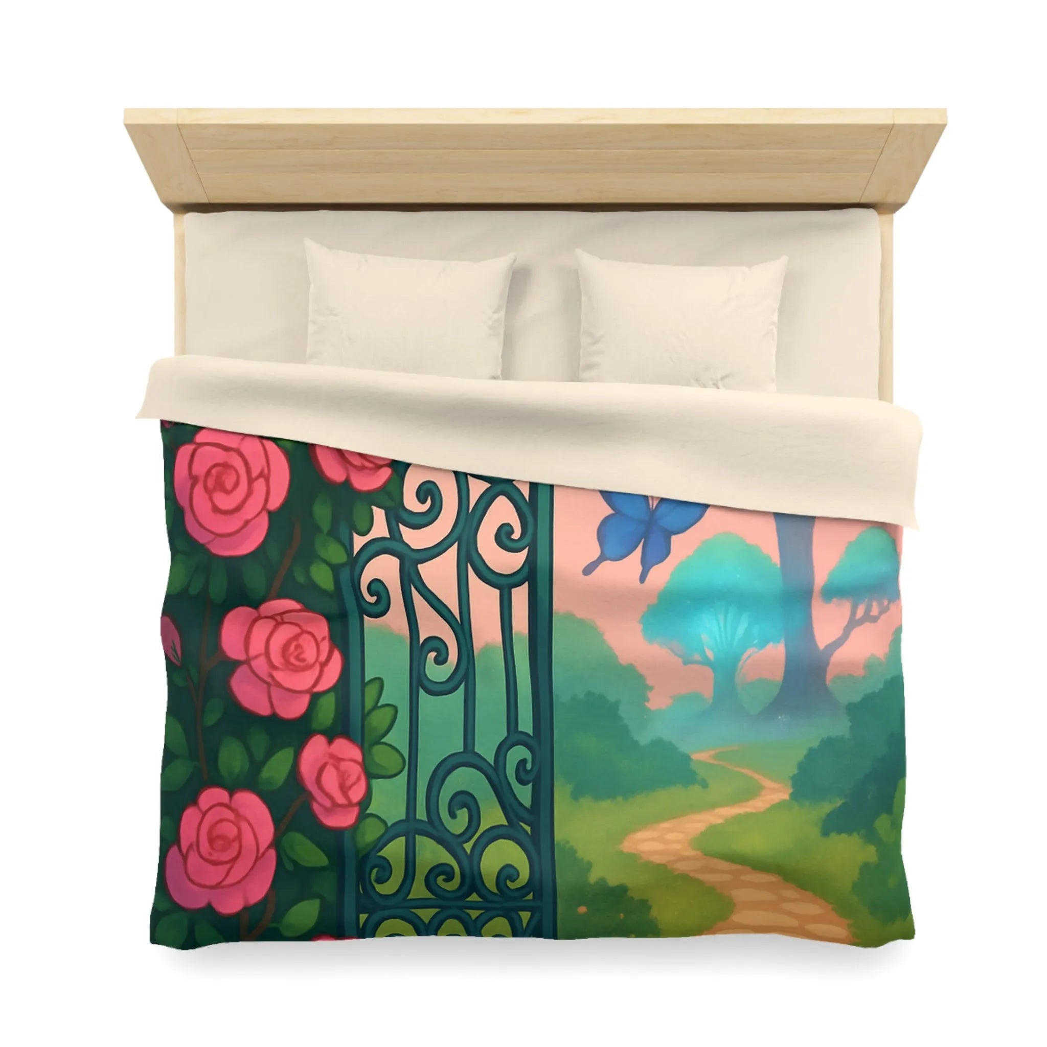 Belle housse de couette féerique avec portail fleuri et papillons colorés, jardins enchanteurs