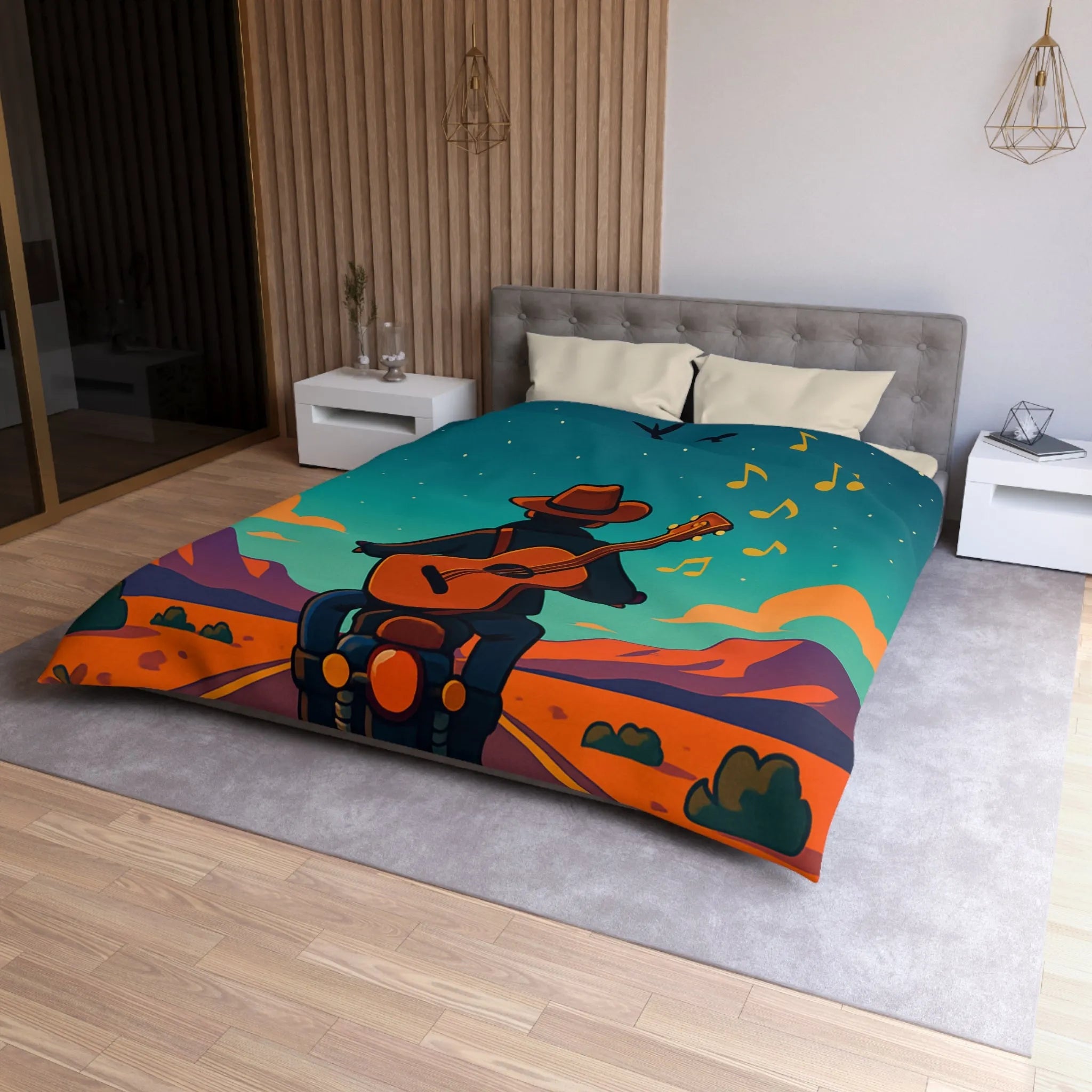 Housse de couette illustrée avec musicien en moto sous ciel étoilé et montagnes