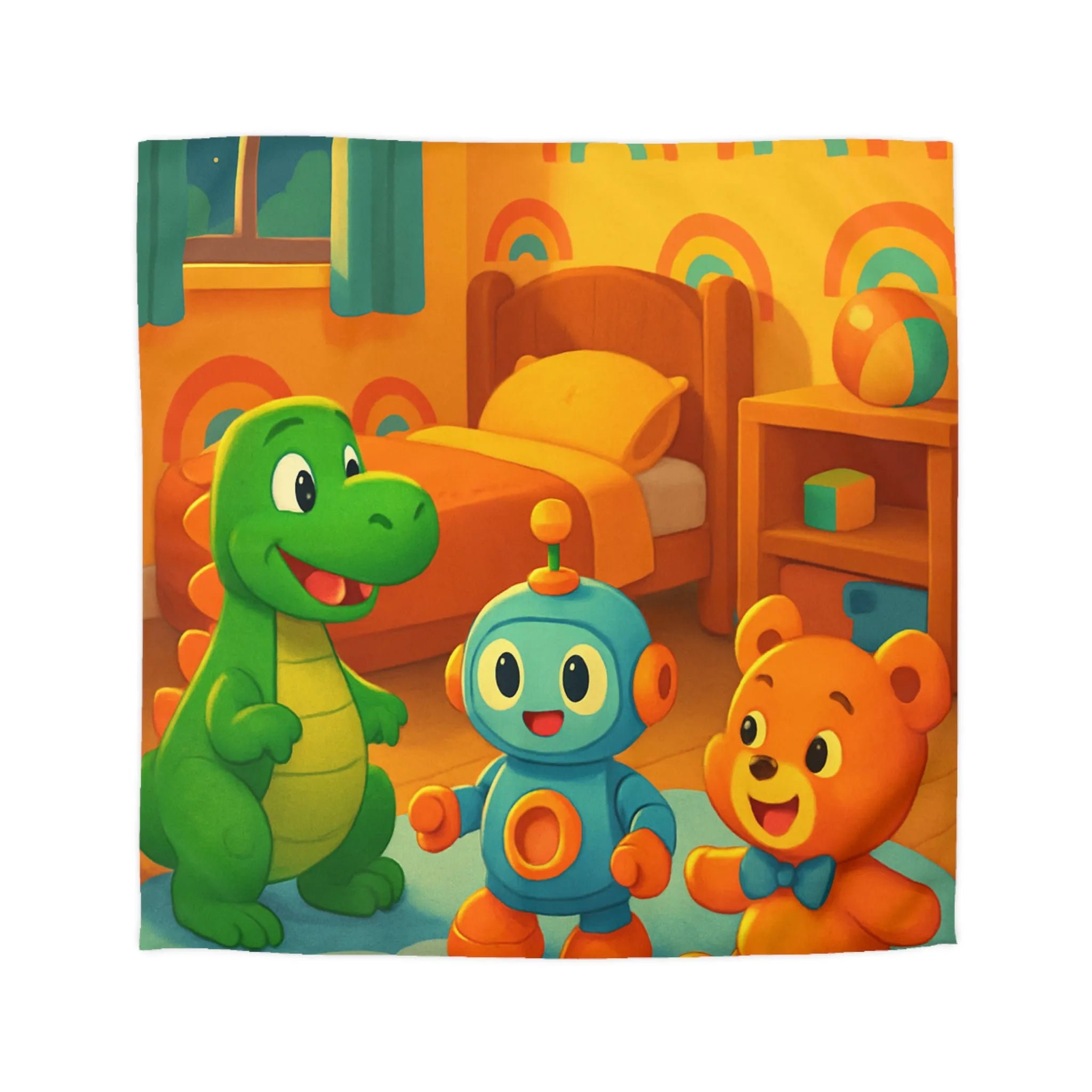 Housse de Couette Enfant Dinosaure, Robot et Ours Orange avec Arc-en-Ciel Coloré