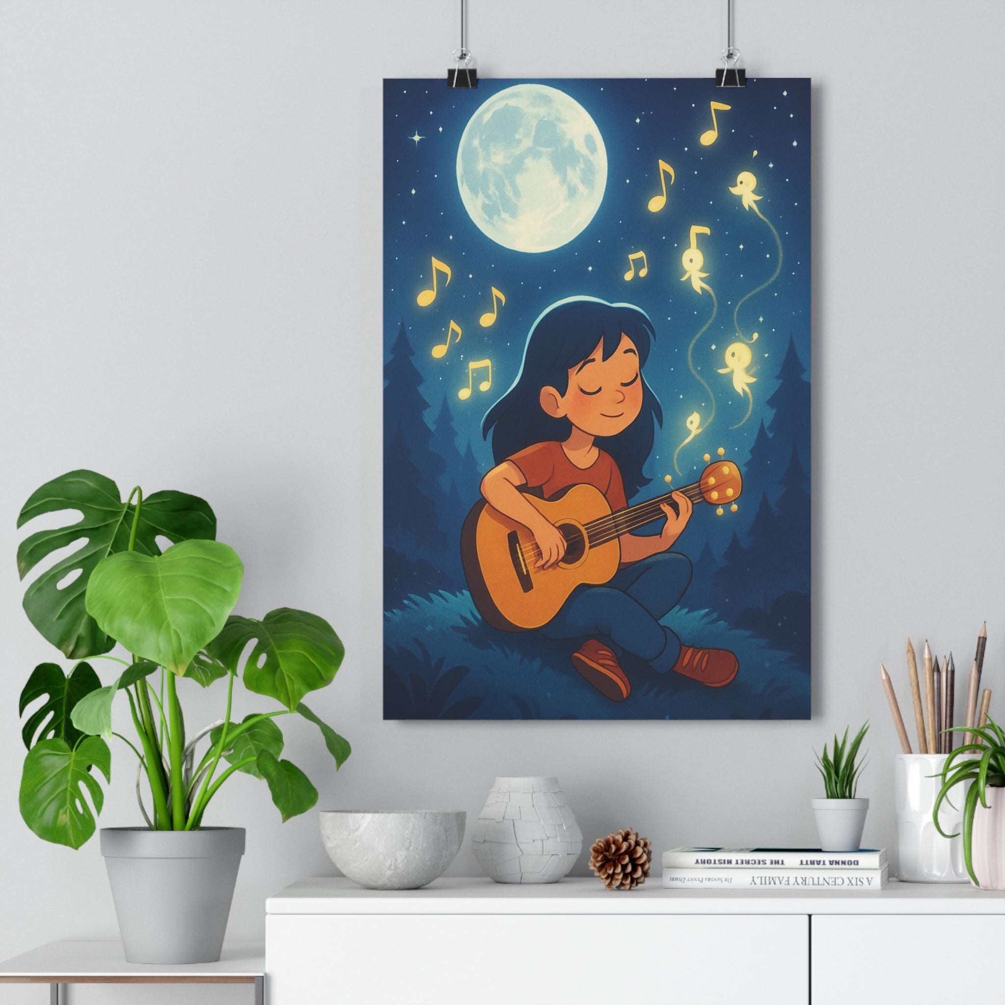 Poster décoratif aventure mystique bleu doré anime chambre enchantée musicale féerique guitare étoilé 30x46