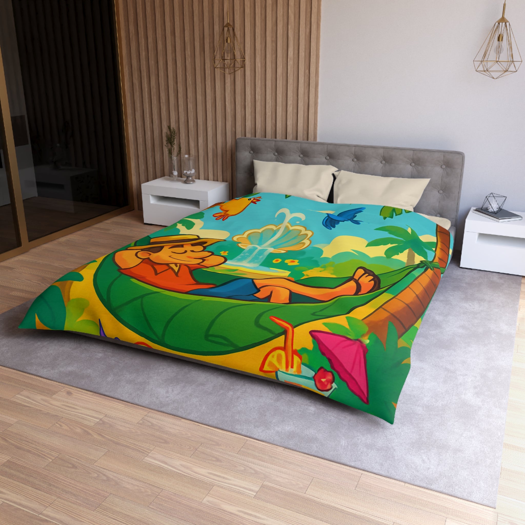 Housse de Couette Tropicale Colorée avec Oiseaux et Hamac pour Décoration Joyeuse