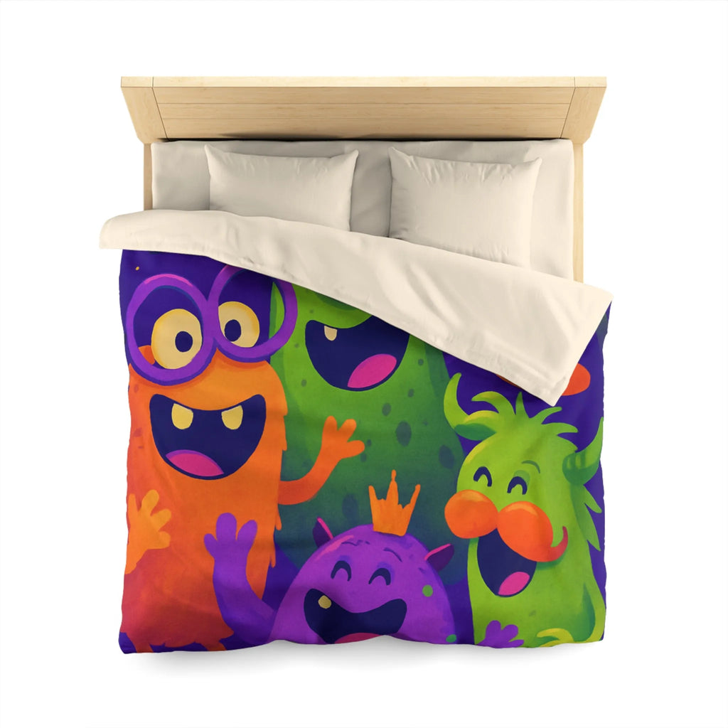 Housse de couette festive avec monstres colorés, ambiance joyeuse pour chambre d'enfant