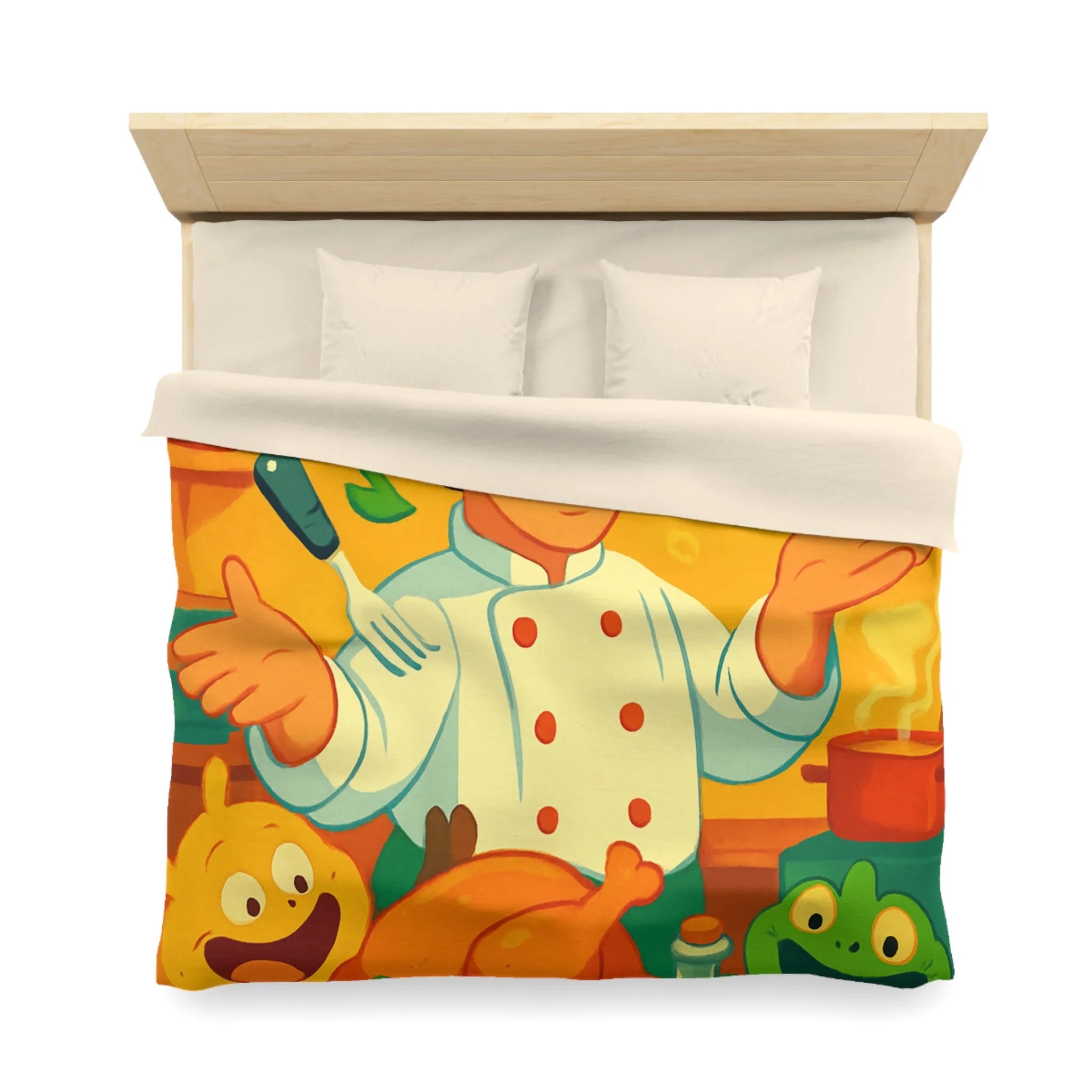 Housse de couette colorée avec chef animé, légumes et ustensiles pour enfants