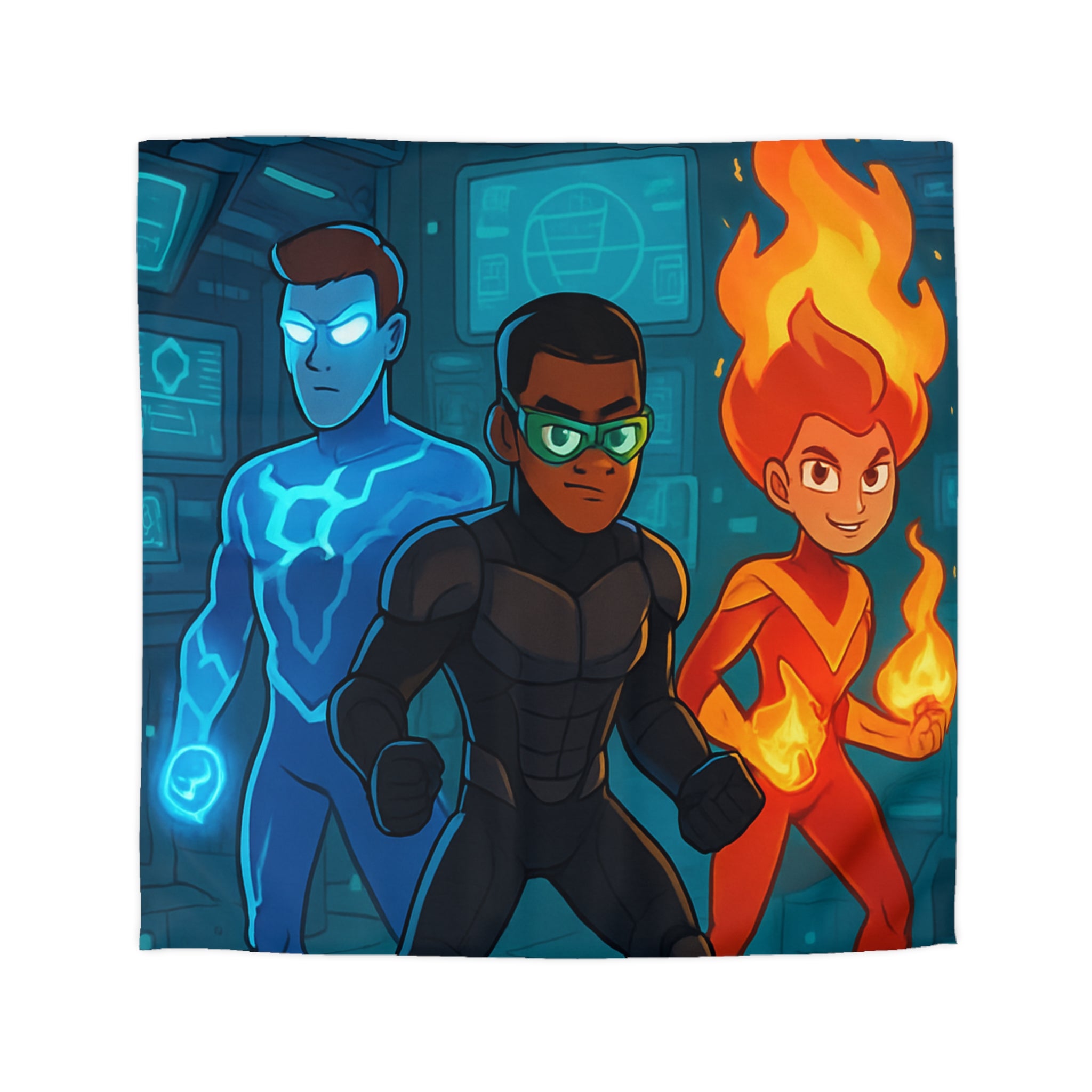 Housse de couette super-héros colorée avec motifs de feu, glace et technologie futuriste