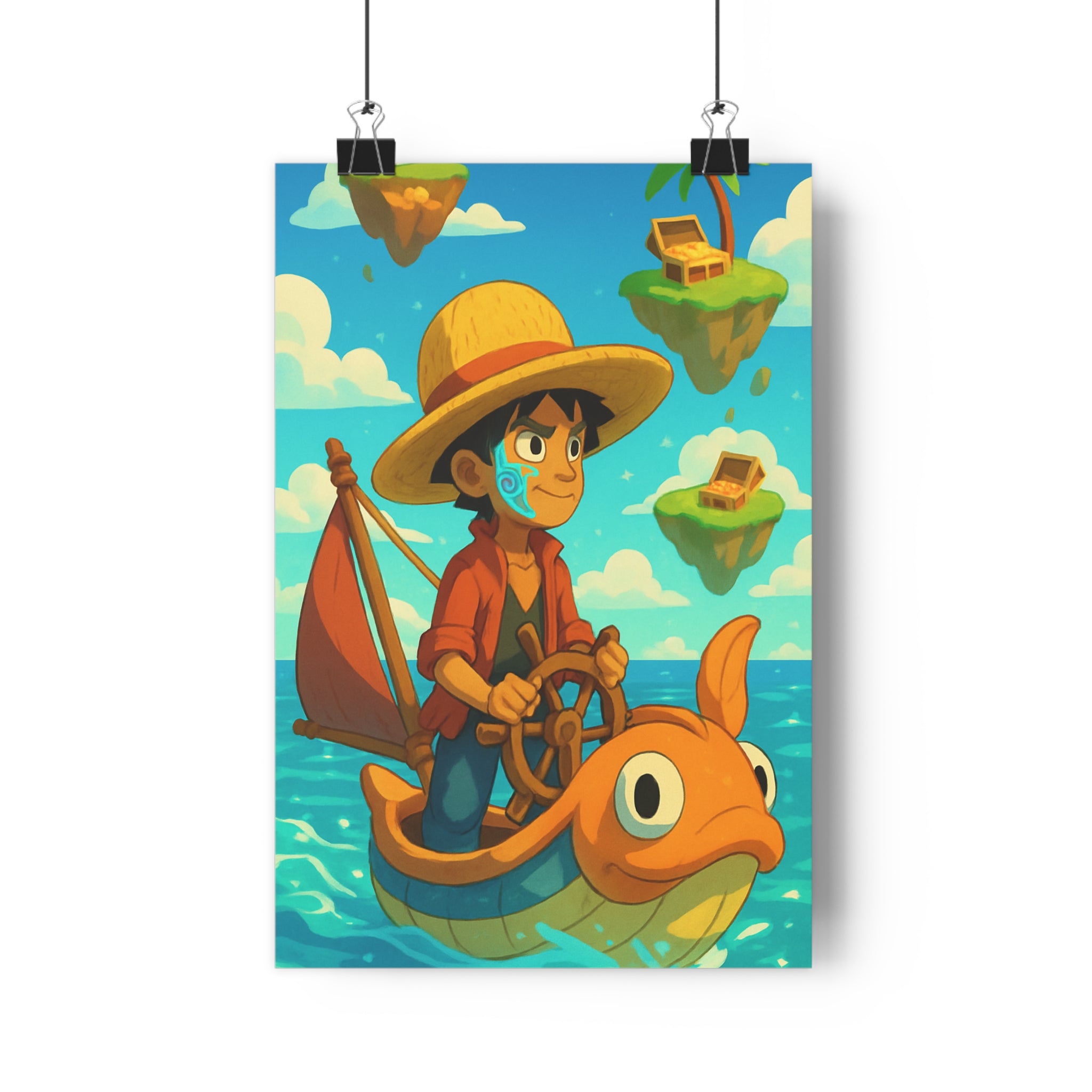 Poster décoratif aventurier chapeau paille mer calme îles trésor cartoon coloré joyeux chambre enfant