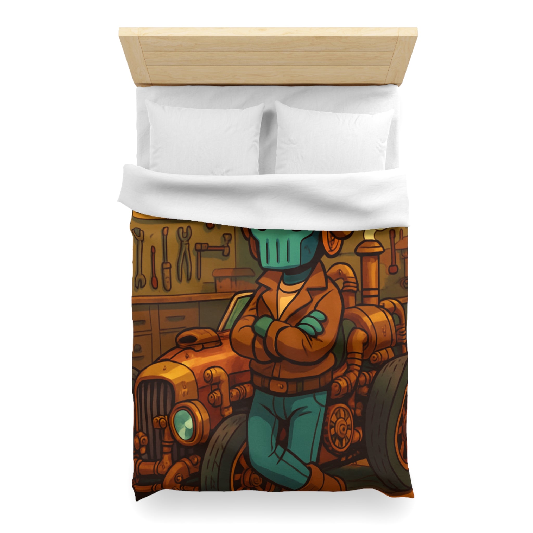 Housse de couette rétro steampunk avec voiture vintage et robot dans un atelier