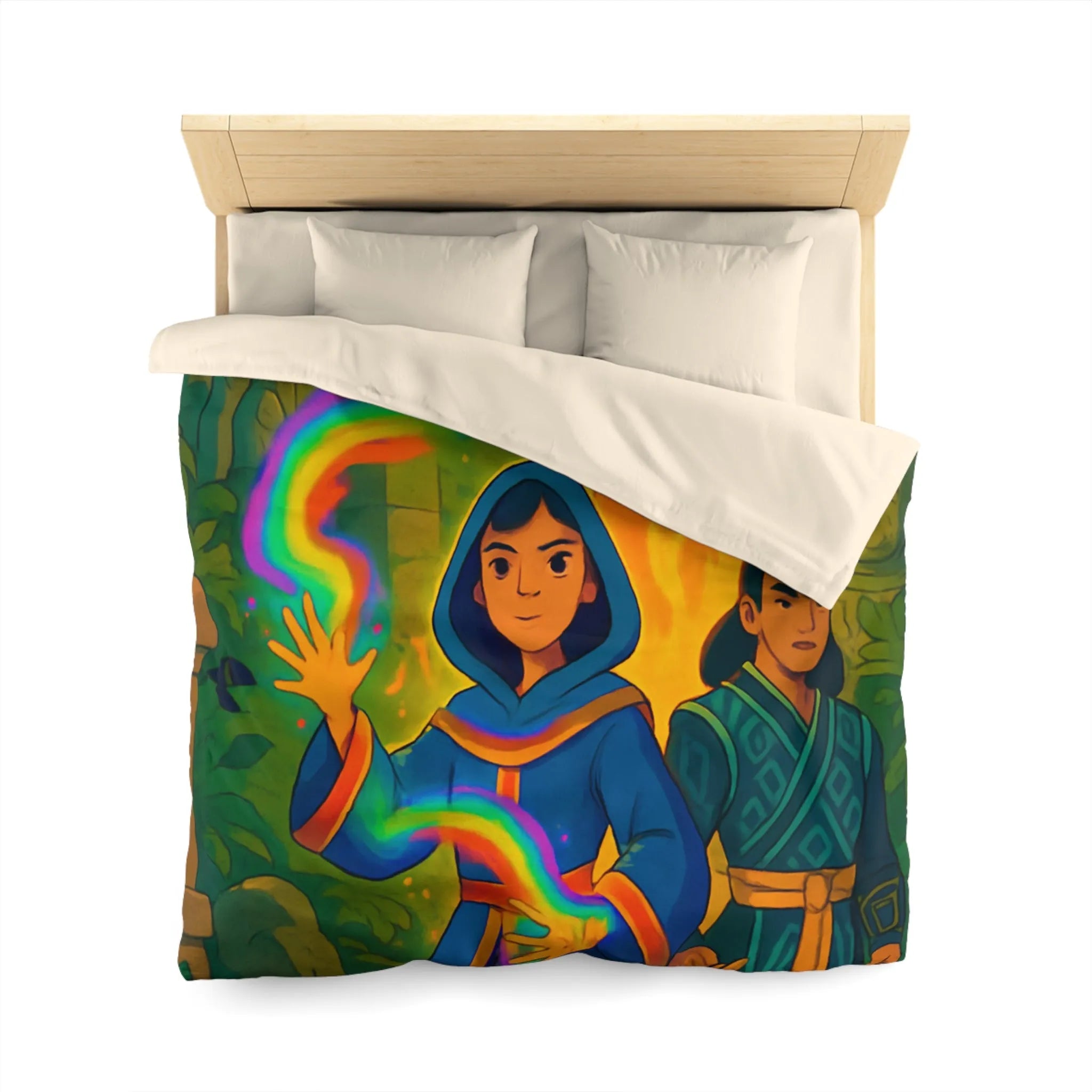 Housse de couette magique colorée : aventure mystique avec personnages énigmatiques et feu flamboyant