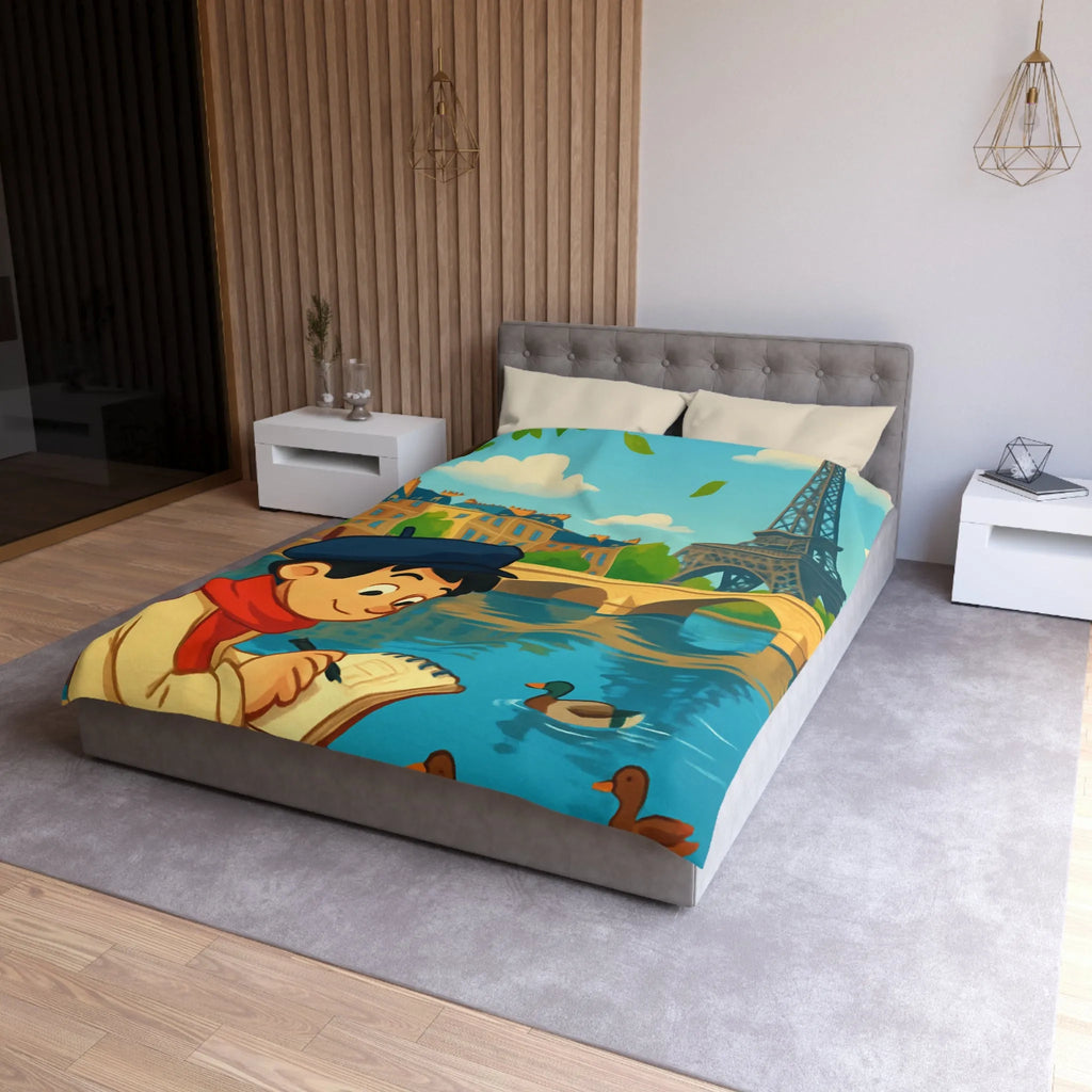 Housse de Couette Artistique Parisienne avec Enfant et Tour Eiffel au Printemps