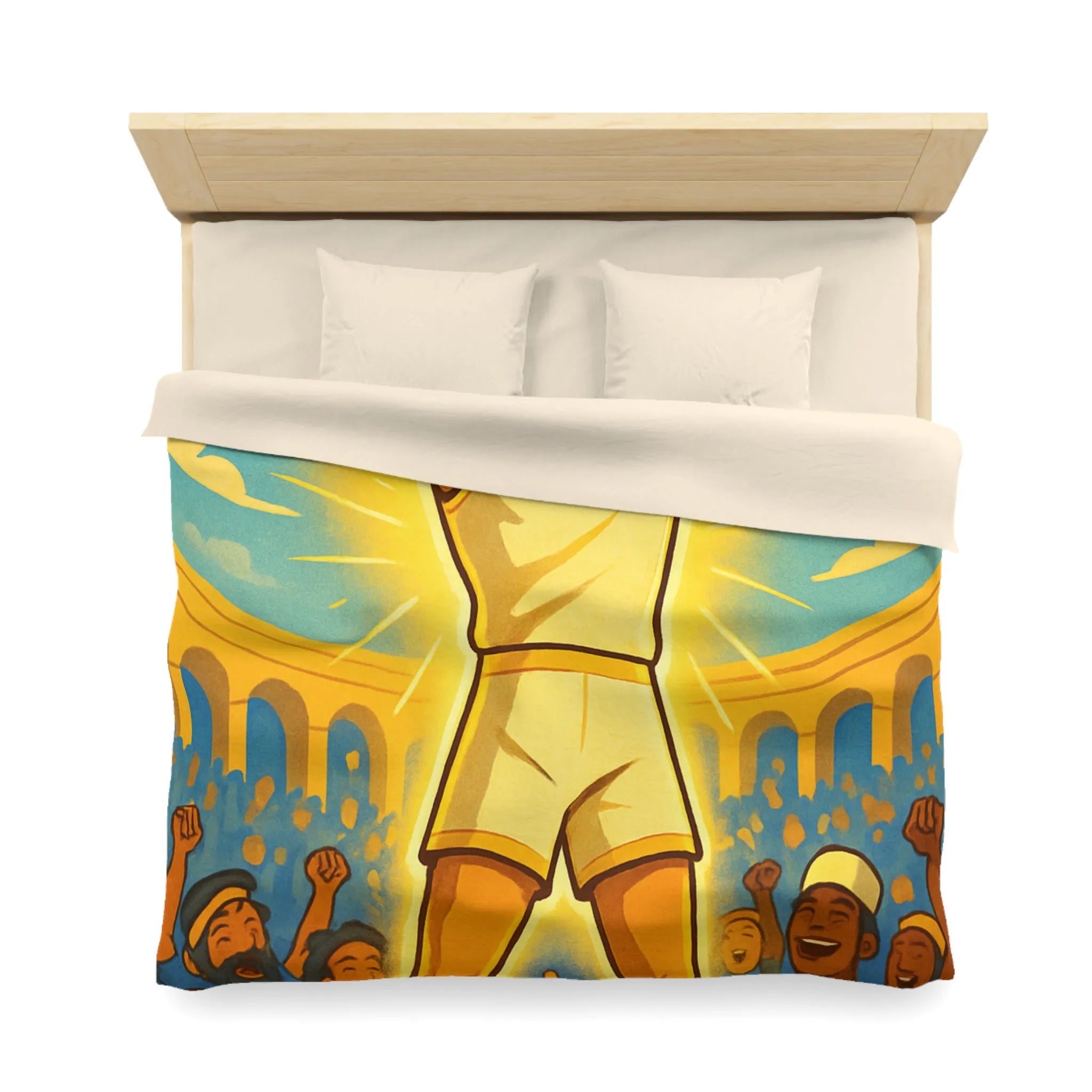 Housse de couette lumineuse avec athlète triomphant dans une arène ensoleillée vibrante