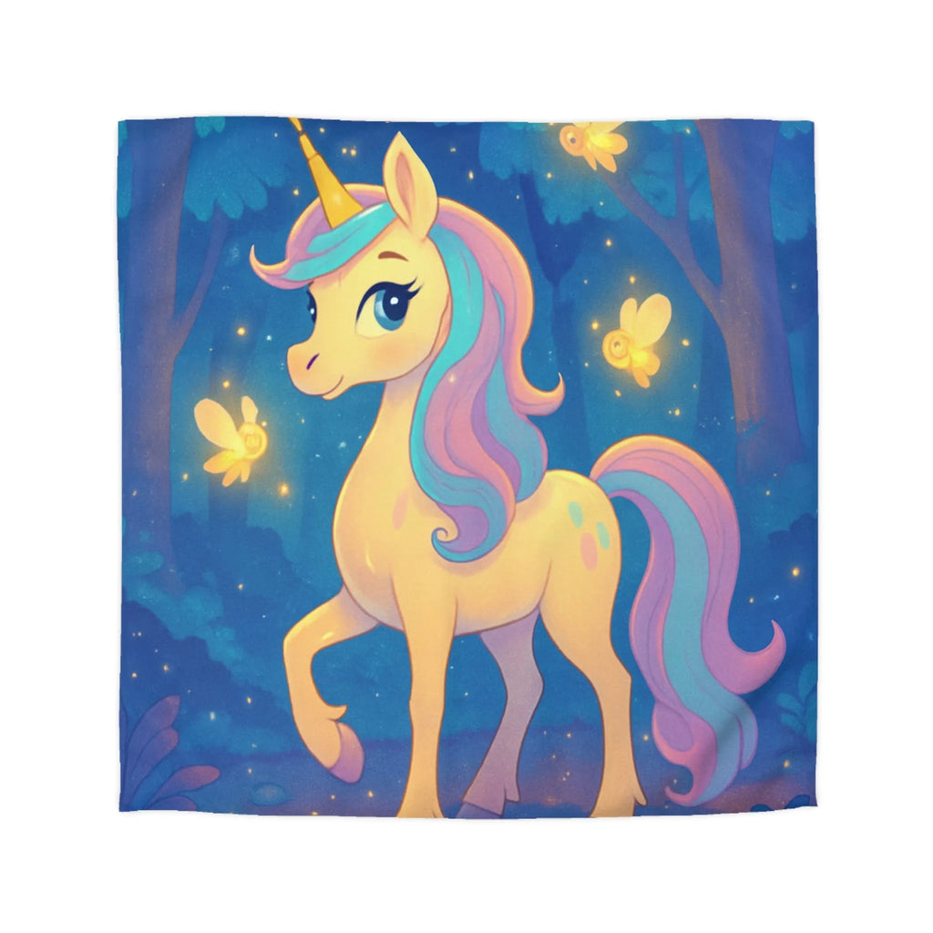 Housse de couette avec licorne féerique et lucioles dans une forêt enchantée