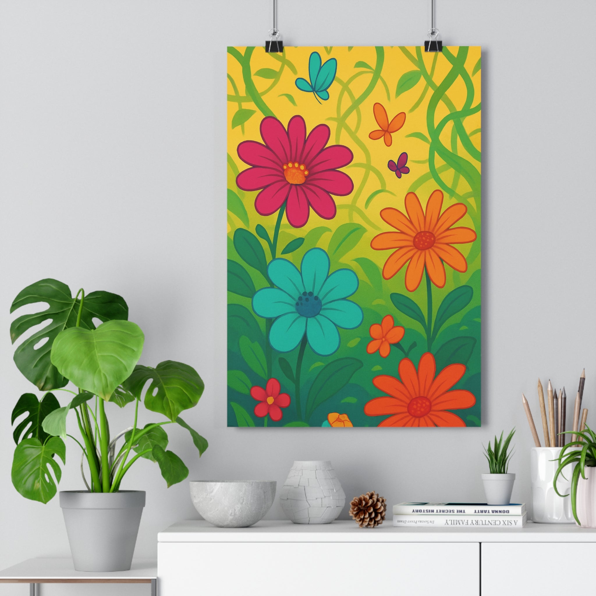 Poster décoratif joyeux fleurs colorées rose orange bleu cartoon chambre salon vibrant élégant qualité