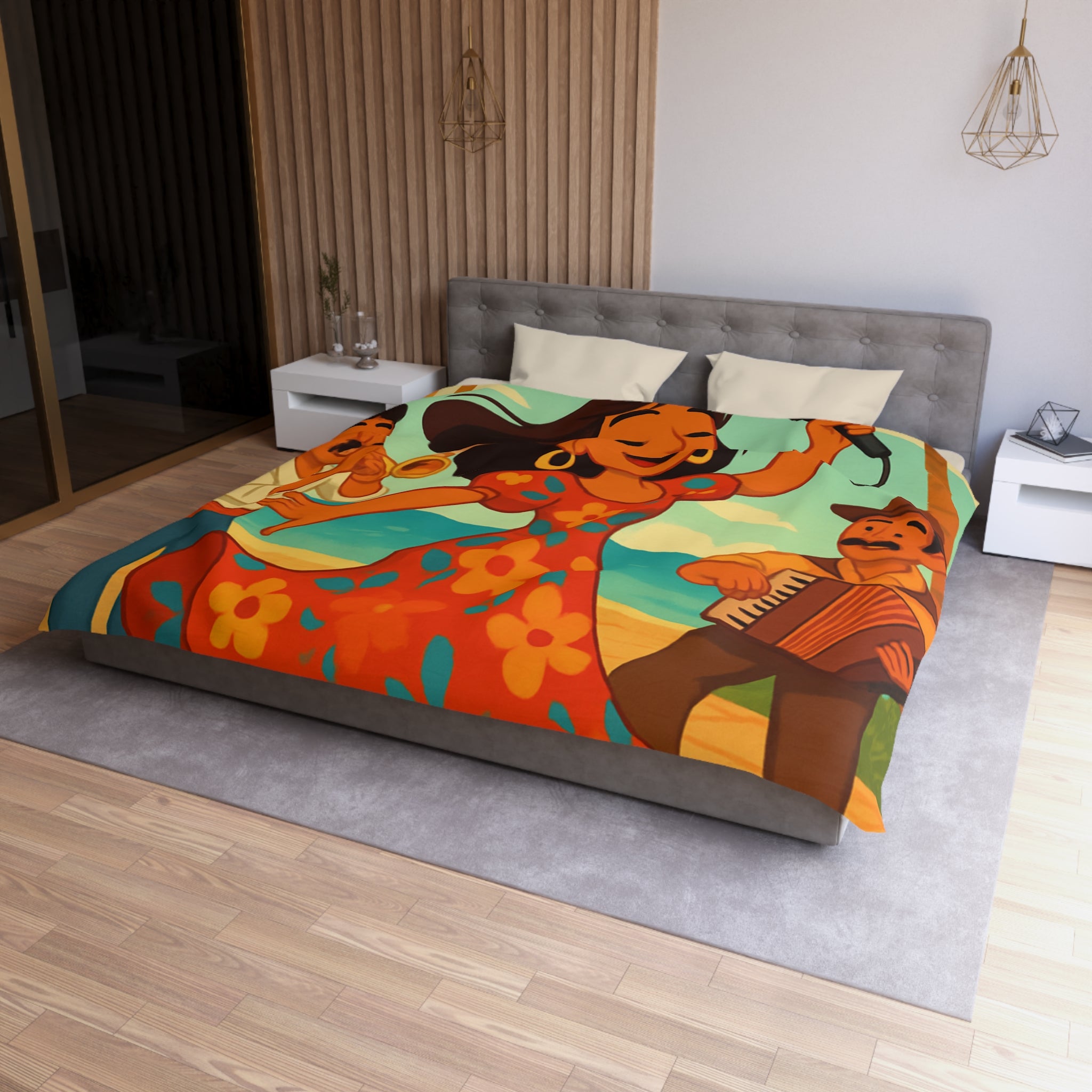 Housse de couette tropicale colorée avec danseuse et musiciens, ambiance joyeuse et festive