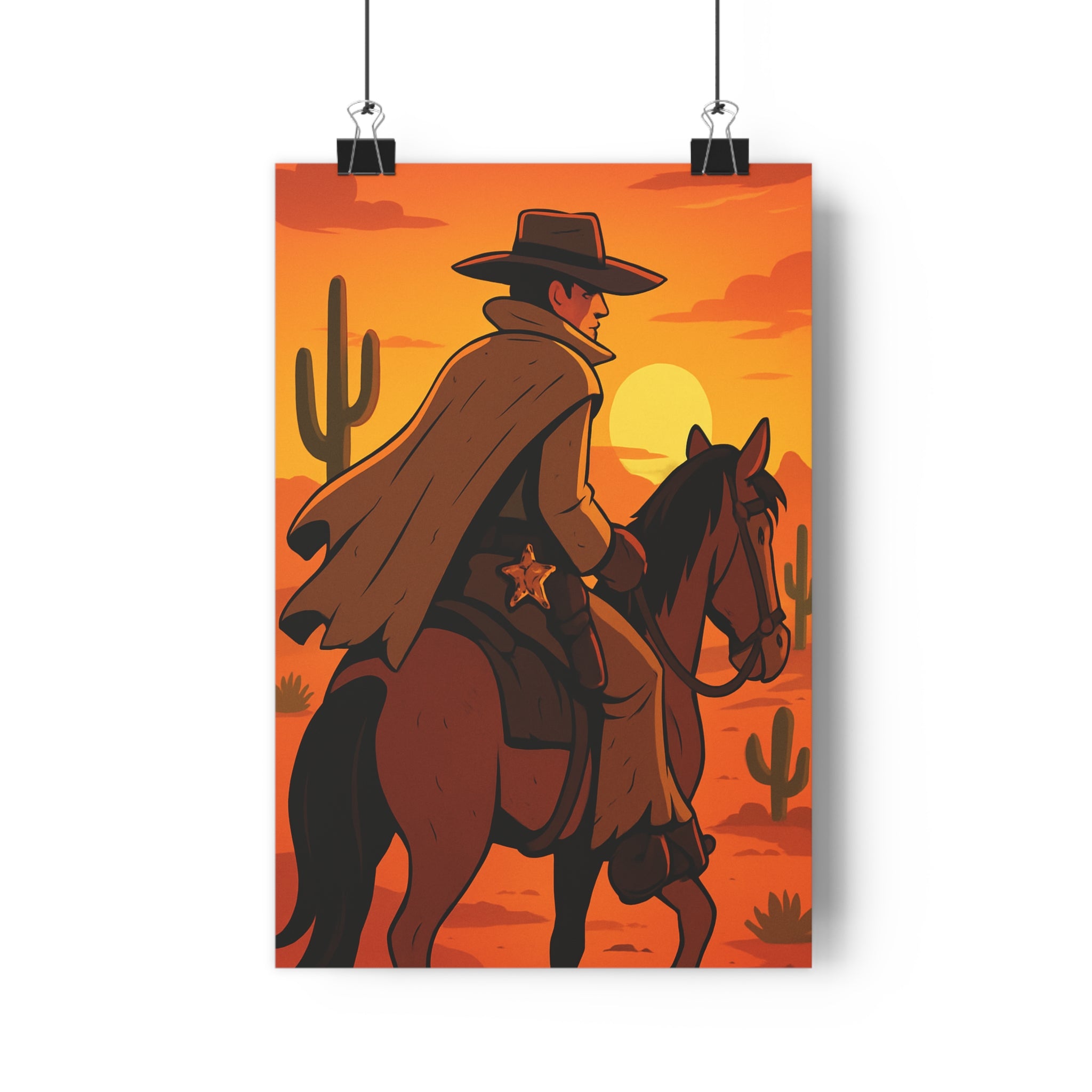 Poster décoratif aventure cowboy désert coucher soleil orange intense salon bureau vintage original unique