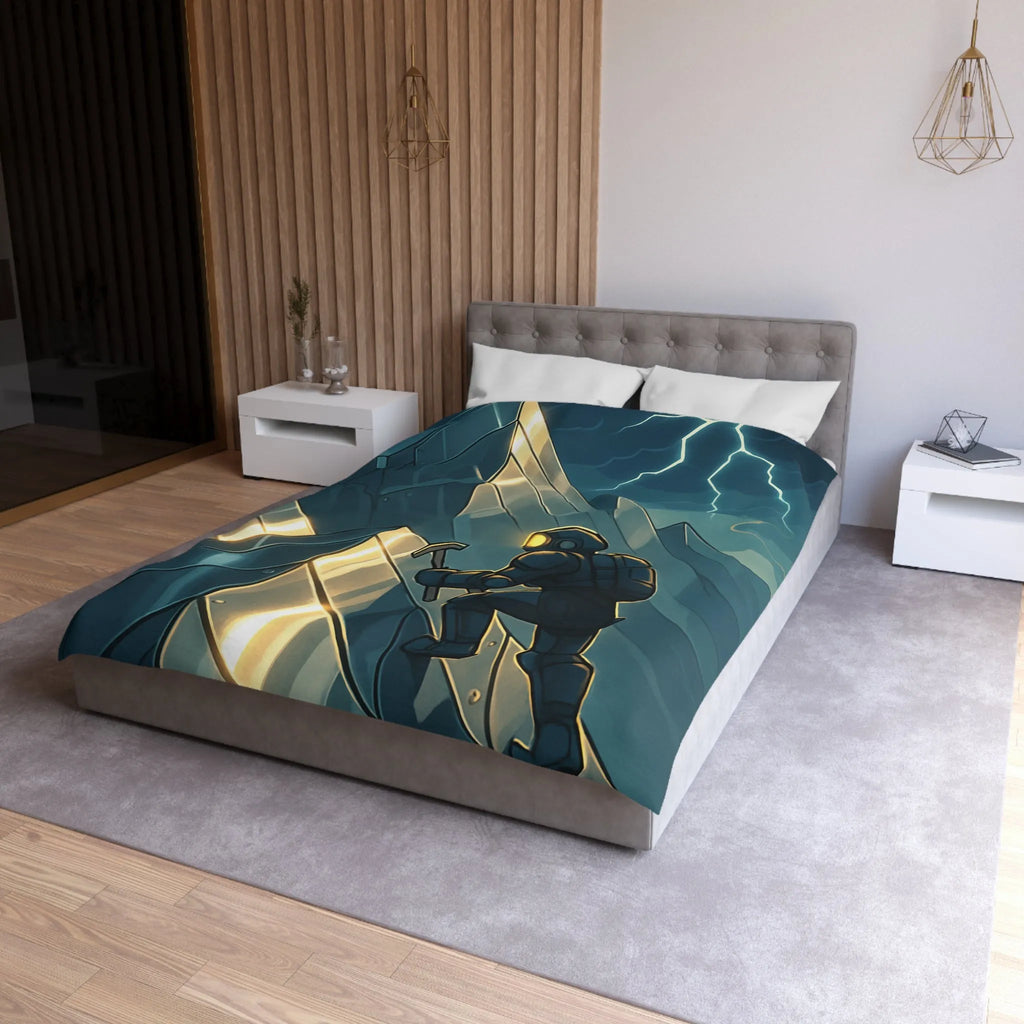 Housse de couette futuriste avec alpiniste et montagnes sous orage électrique