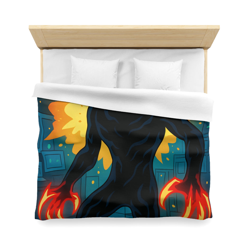 Housse de couette sombre avec créature enflammée aux griffes lumineuses