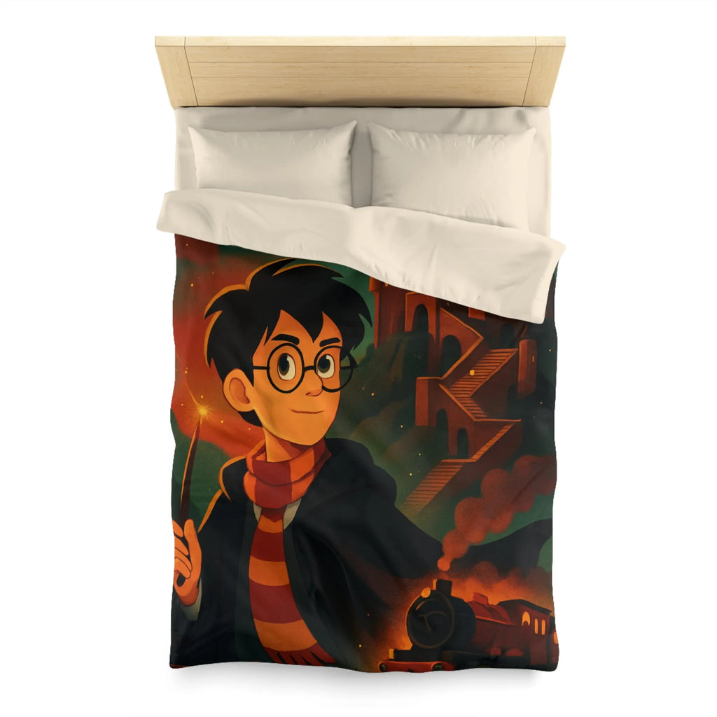 Housse de couette magique avec jeune sorcier, hibou, château et train en fond