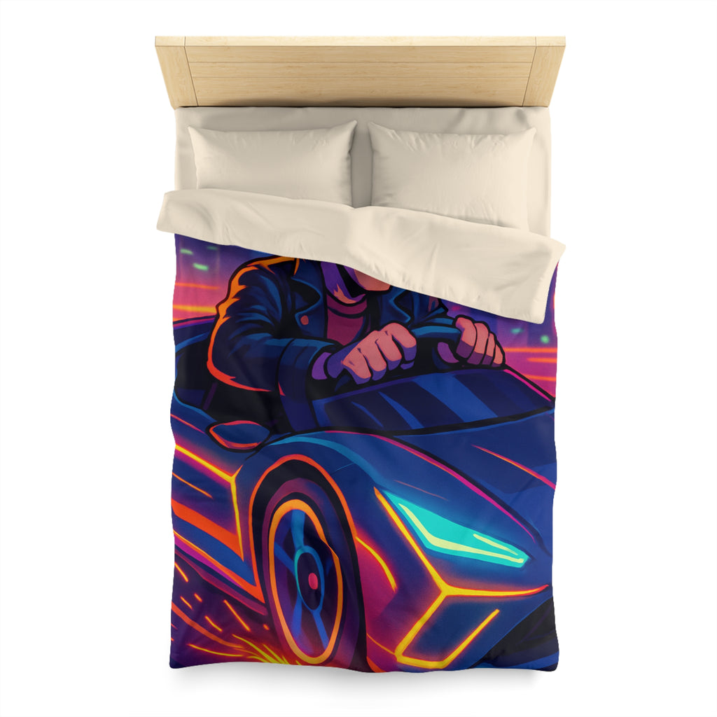Housse de couette urbaine rétro futuriste avec néons et voiture sportive élégante