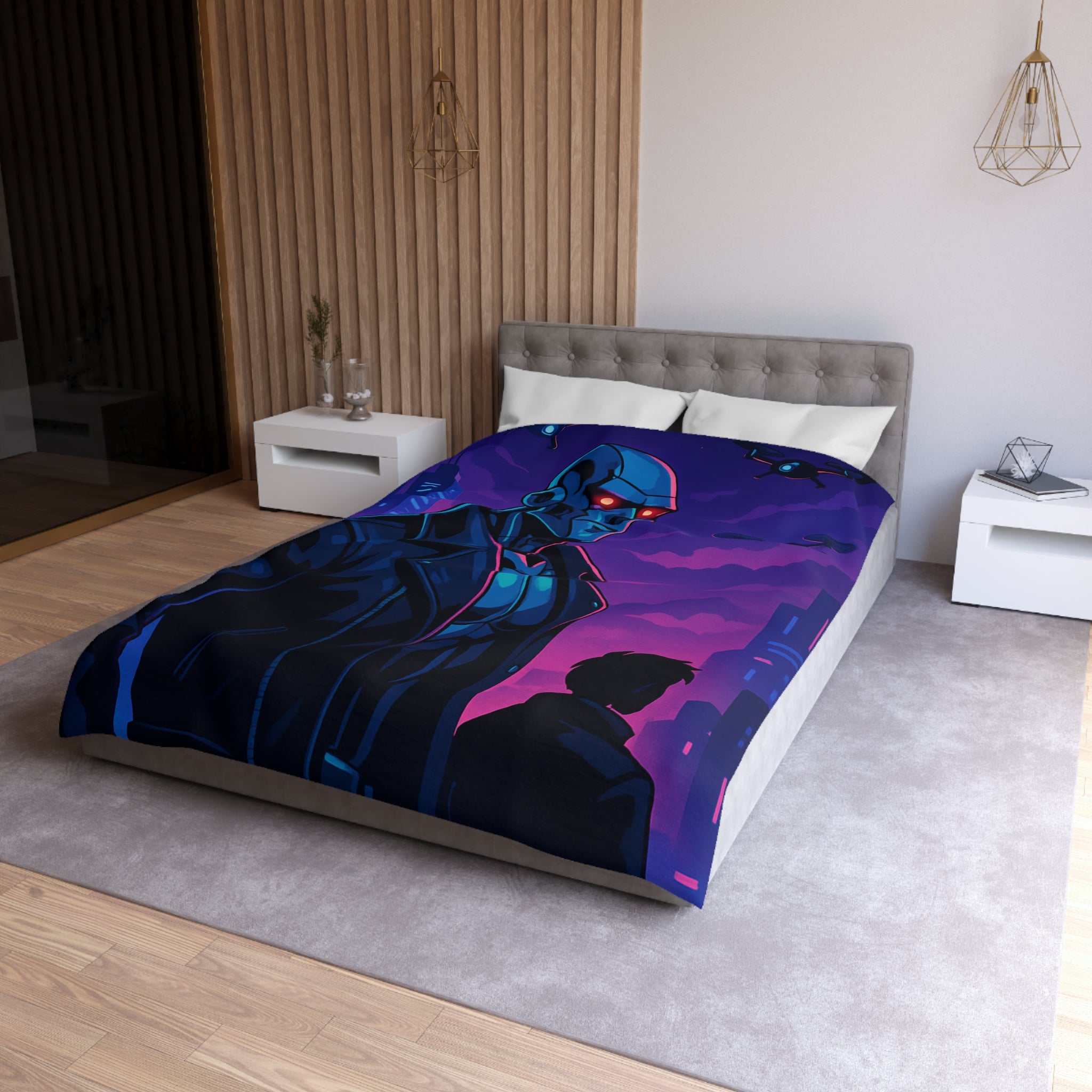 Housse de couette style néon avec robot futuriste et drones en ville de nuit