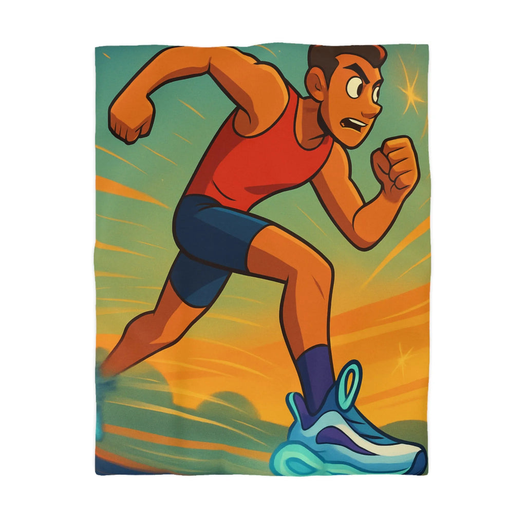 Housse de couette dynamique coureur stylisé accélérant sur fond d’énergie vibrante