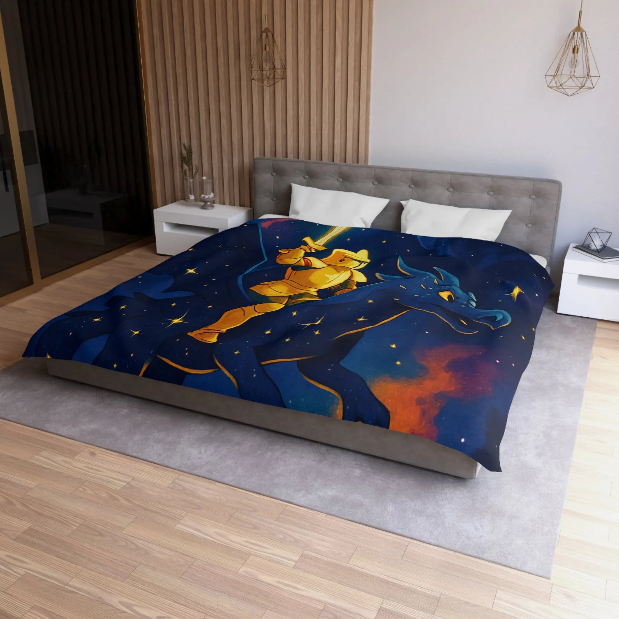 Housse de couette avec chevalier et dragon volant sous étoiles et château magique
