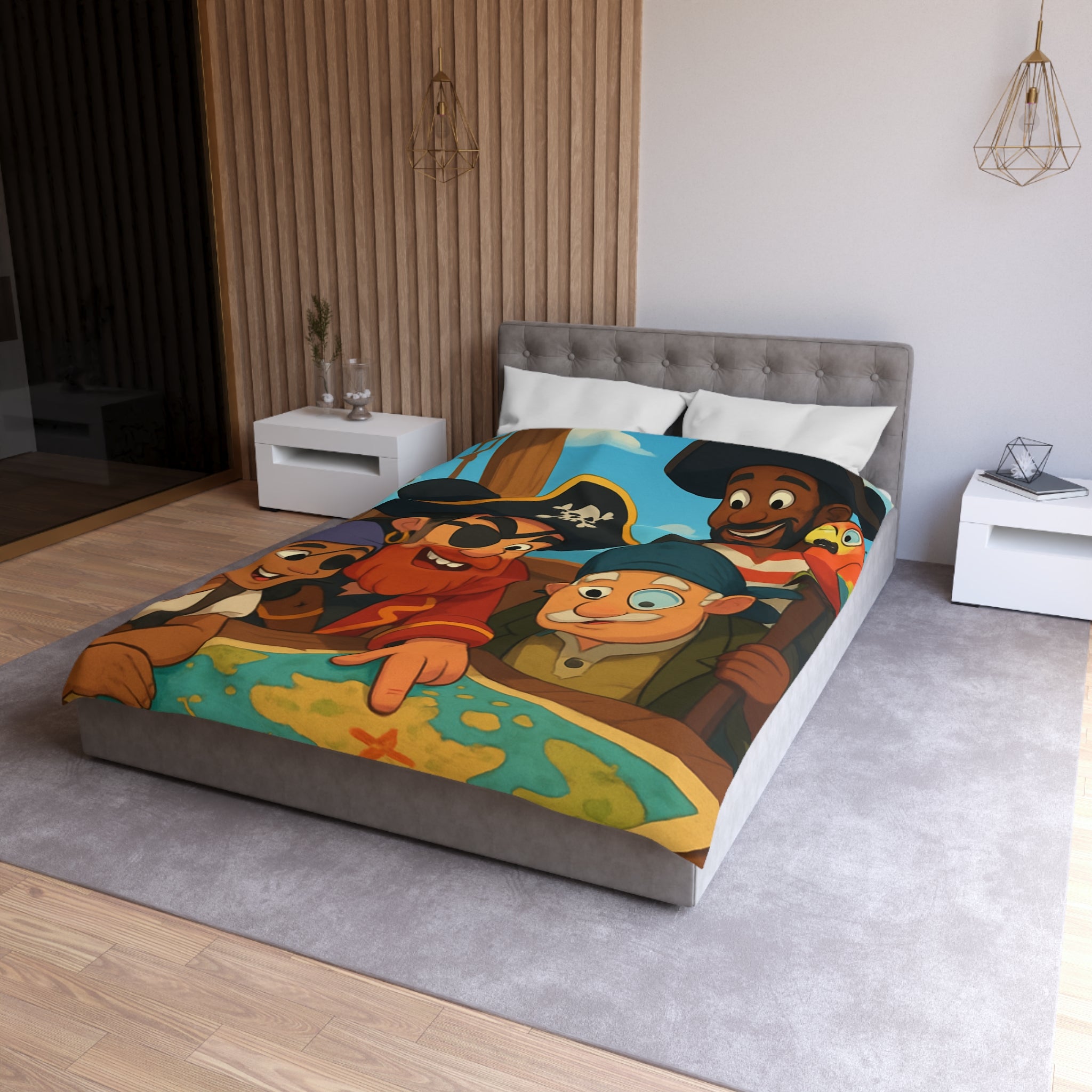 Housse de couette pirate colorée avec carte au trésor et équipage amical joyeux