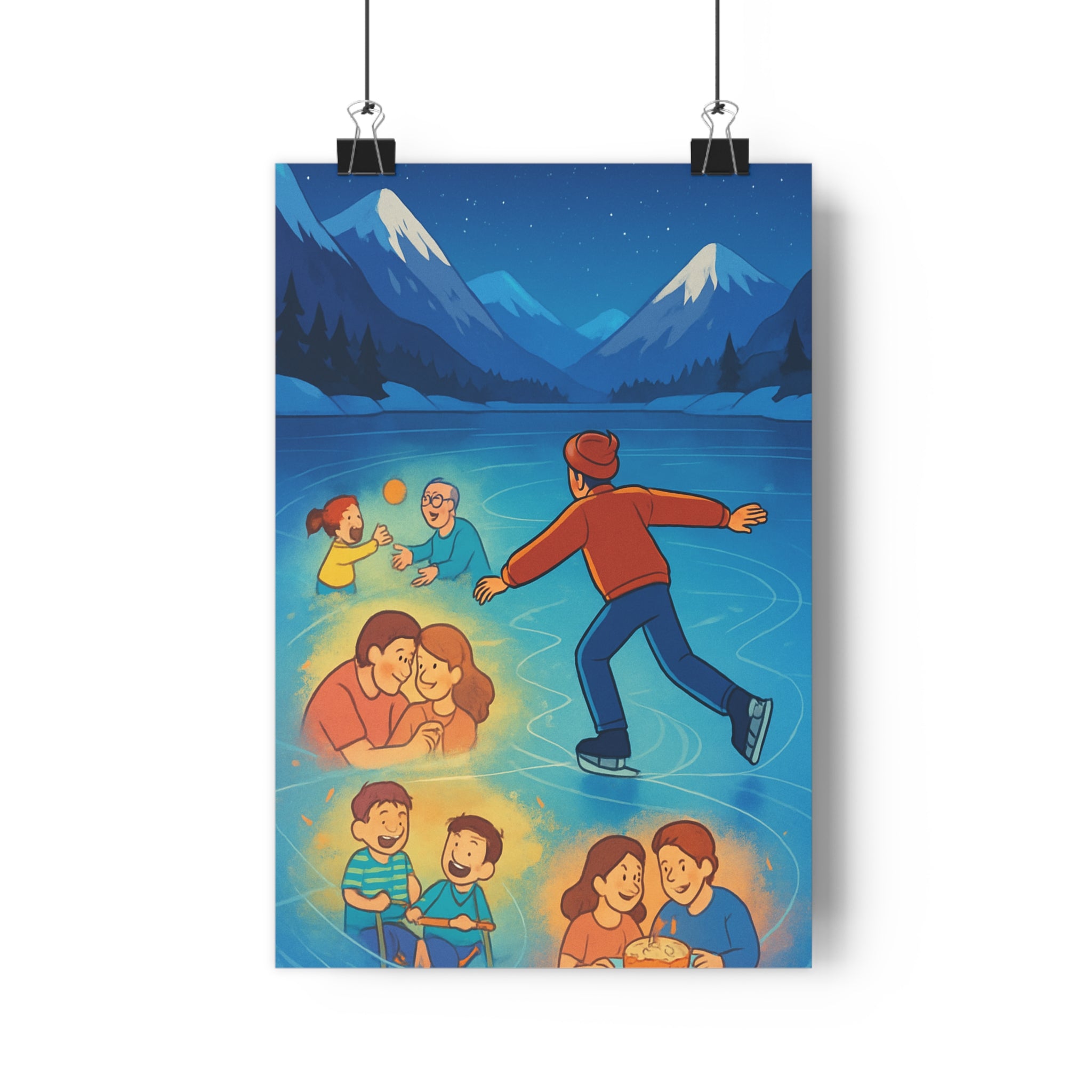 Poster décoratif hiver bleu blanc cartoon poétique chambre salon art mural ambiance chaleureuse patinage