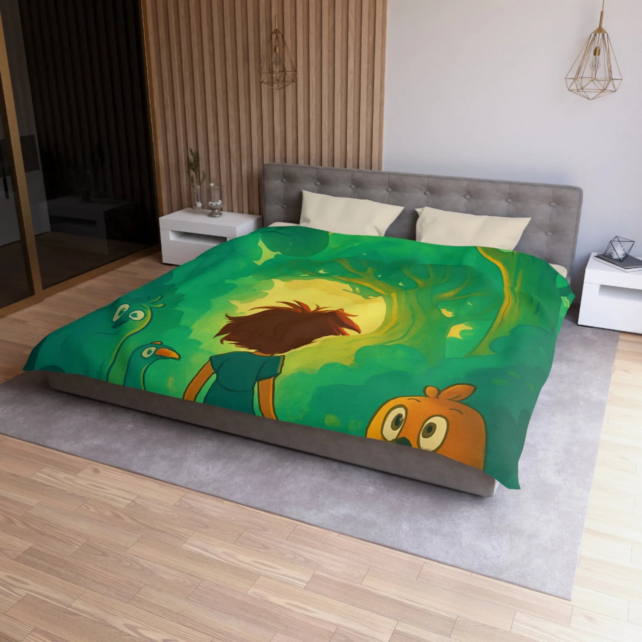 Housse de couette forêts enchantées avec animaux et personnage central, ambiance magique