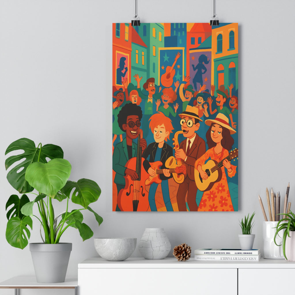 Poster décoratif cartoon urbain joyeux bleu orange salon chambre enfants style artistique unique vibrant