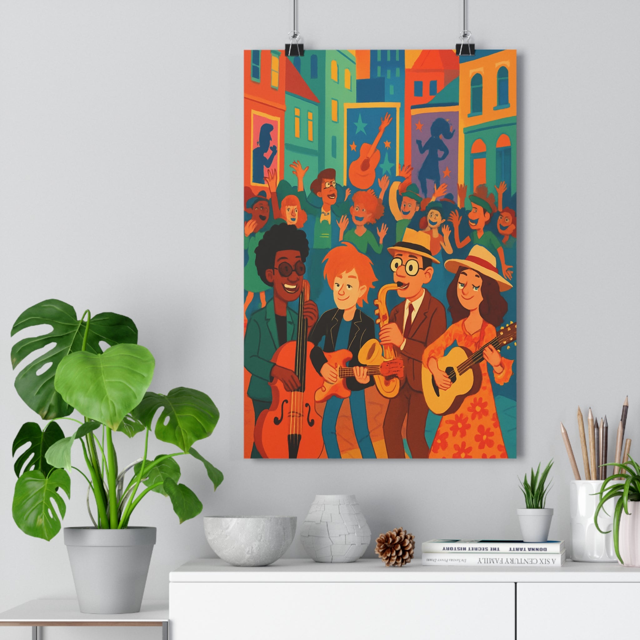 Poster décoratif cartoon urbain joyeux bleu orange salon chambre enfants style artistique unique vibrant