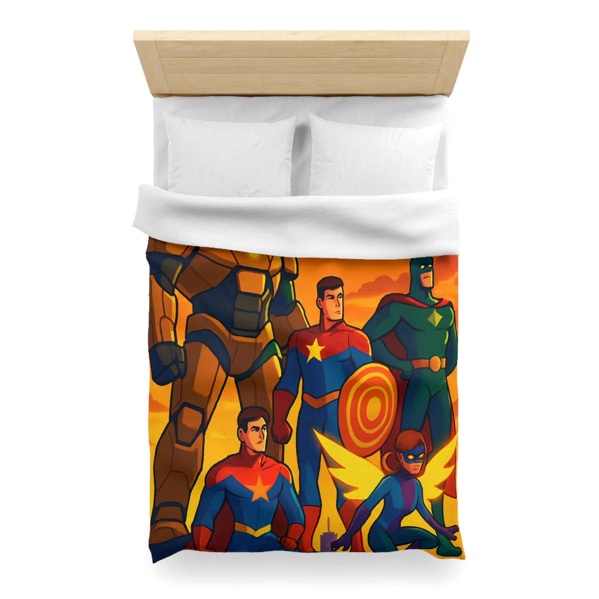 Housse de couette super-héros en costumes colorés avec coucher de soleil épique en arrière-plan