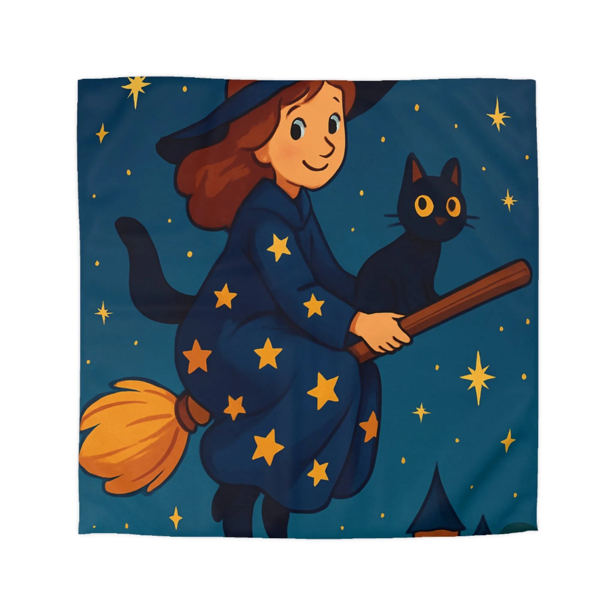 Housse de Couette Enfant Fantaisie Sorcière et Chat Noir sur Balai Nocturne