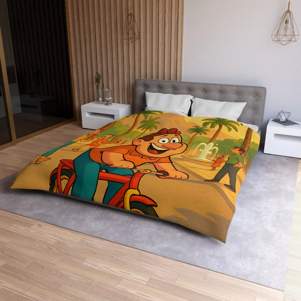 Housse de Couette Cartoon Joyeuse avec Cycliste dans un Parc Tropical et Fontaine