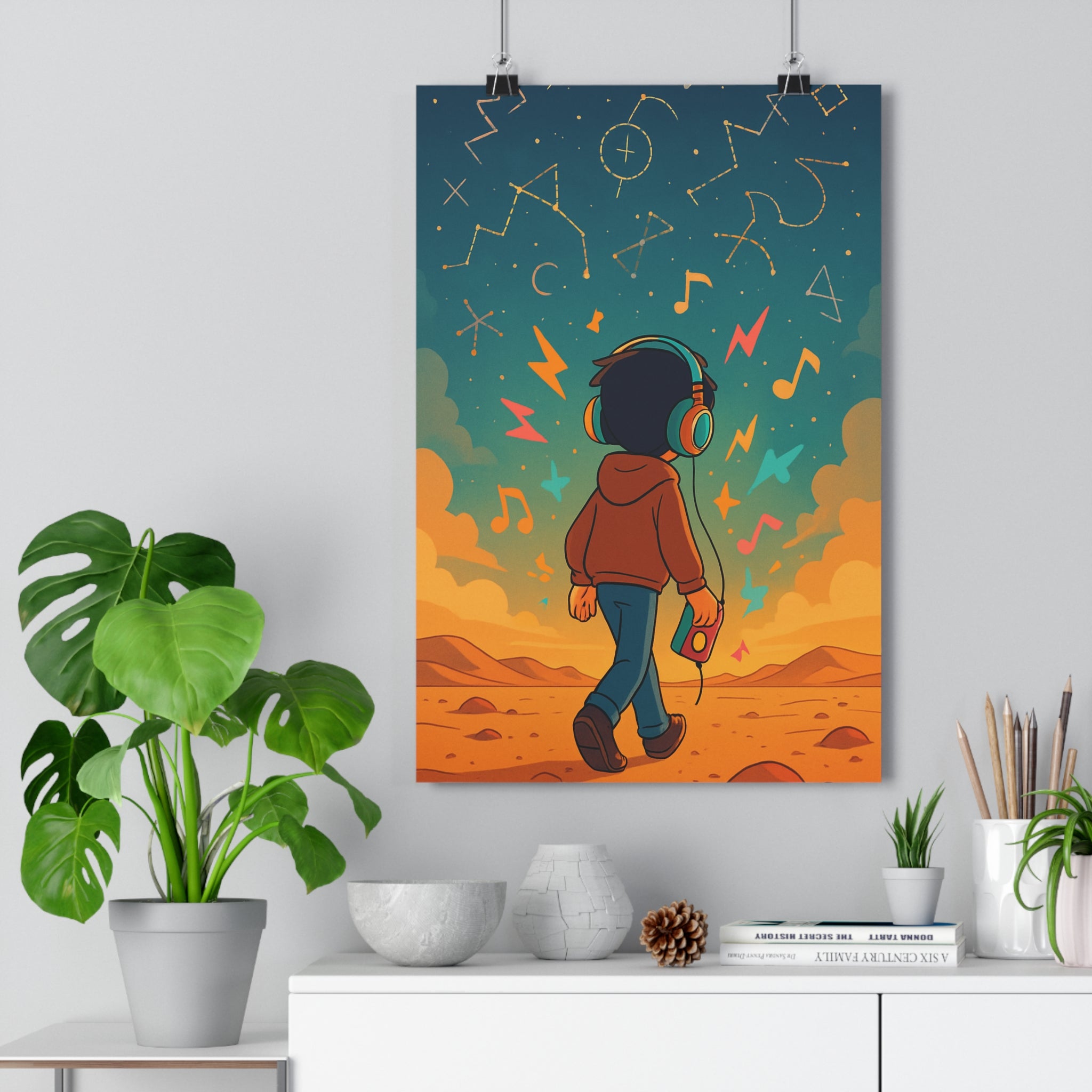 Poster décoratif paysage désertique pastel rêveur salon chambre moderne symboles musique constellation tendance qualité