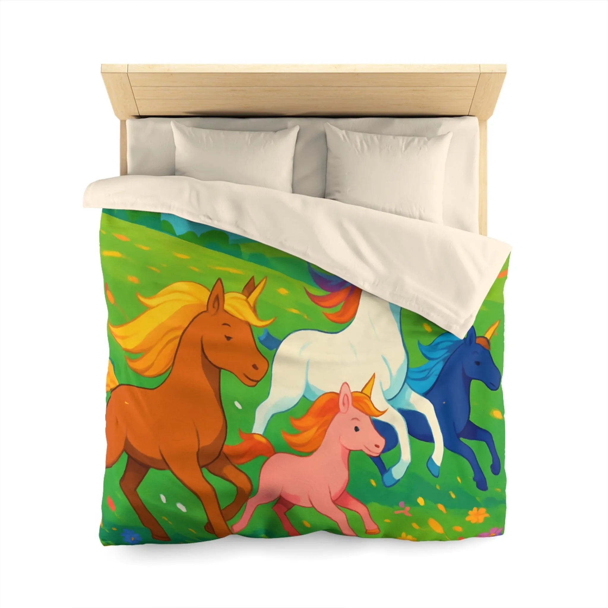 Housse de couette colorée avec prairies luxuriantes et chevaux arc-en-ciel en galop