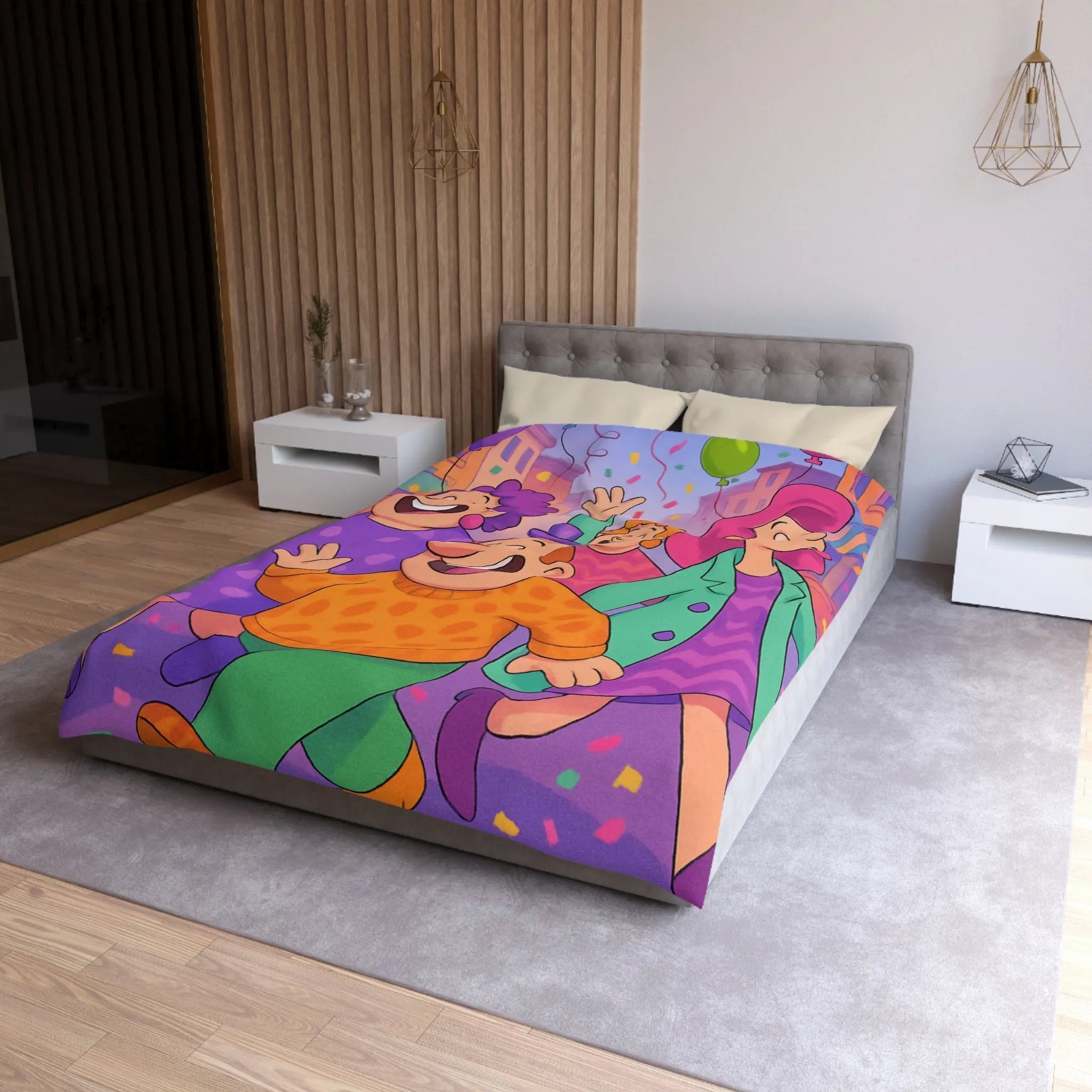 Housse de couette joyeuse avec personnages et ballons pour décoration festive chambre