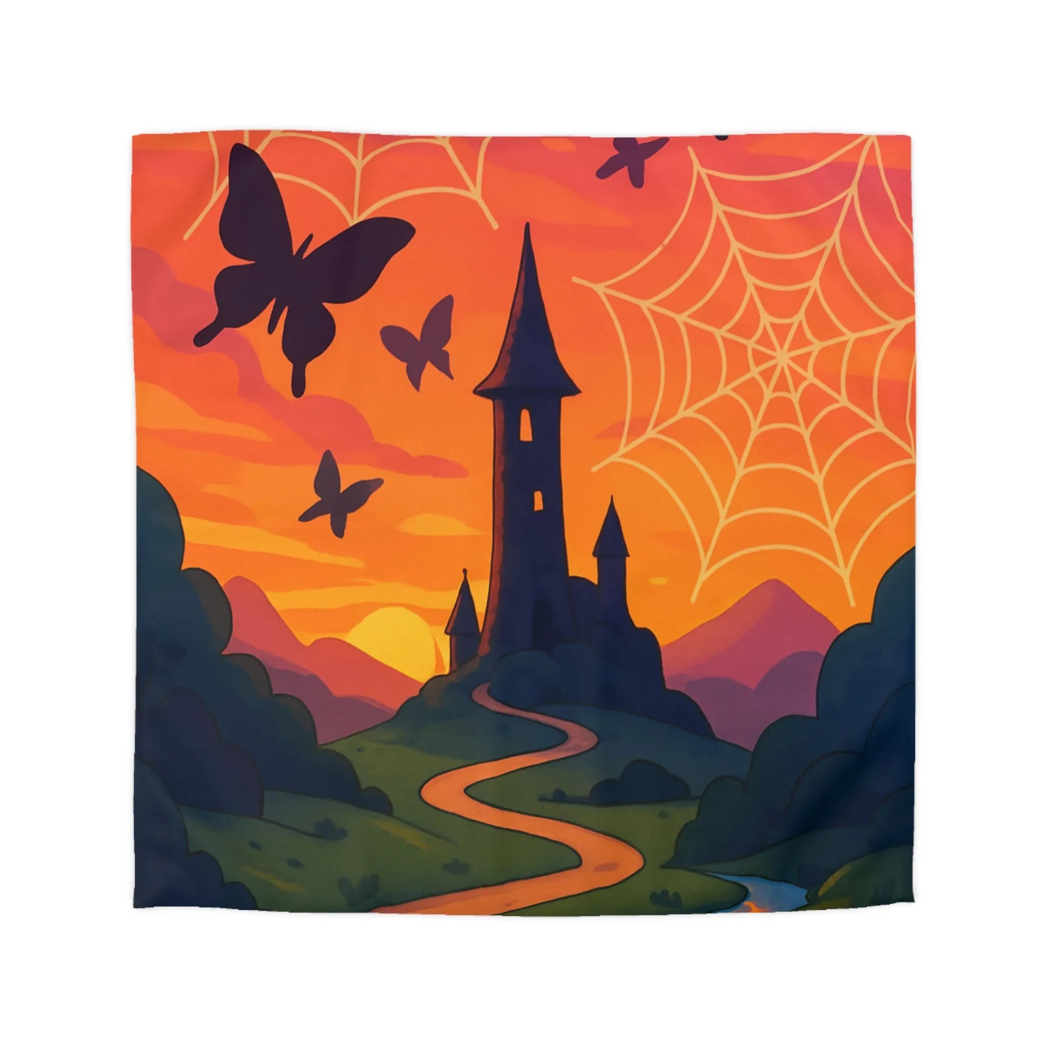 Housse de couette avec tour enchantée, papillons et toiles d'araignée au crépuscule