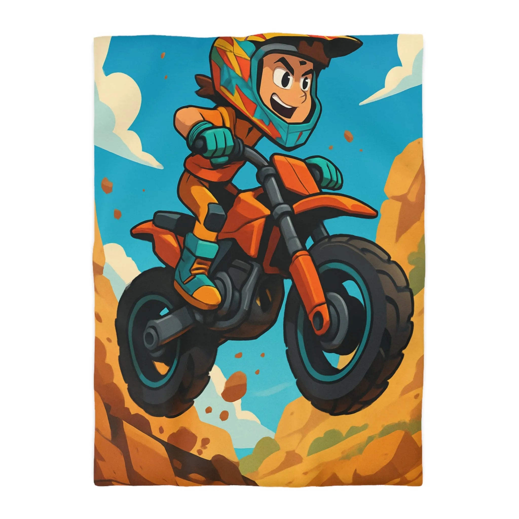 Housse de couette enfant motocross orange avec paysage montagneux et ciel bleu vif