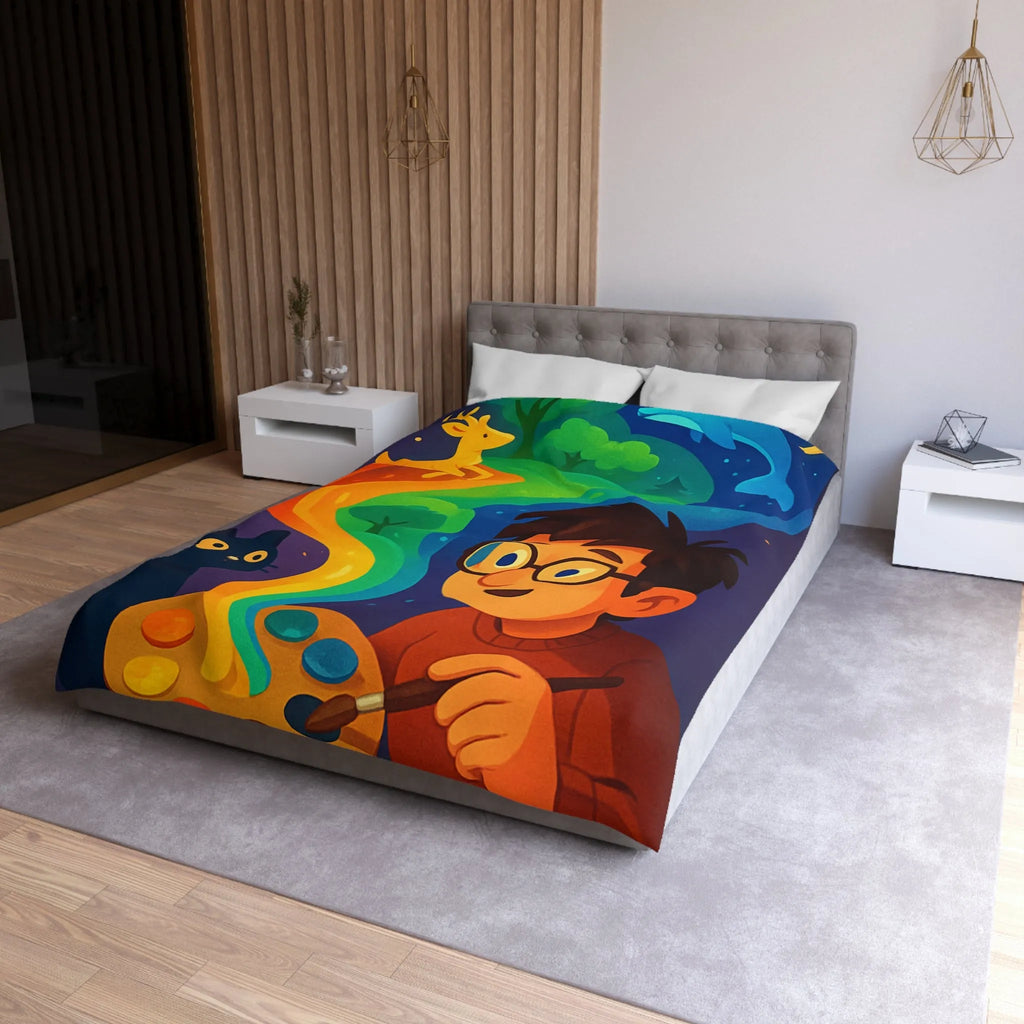 Housse de couette colorée illustrée avec artiste, palette et animaux fantastiques