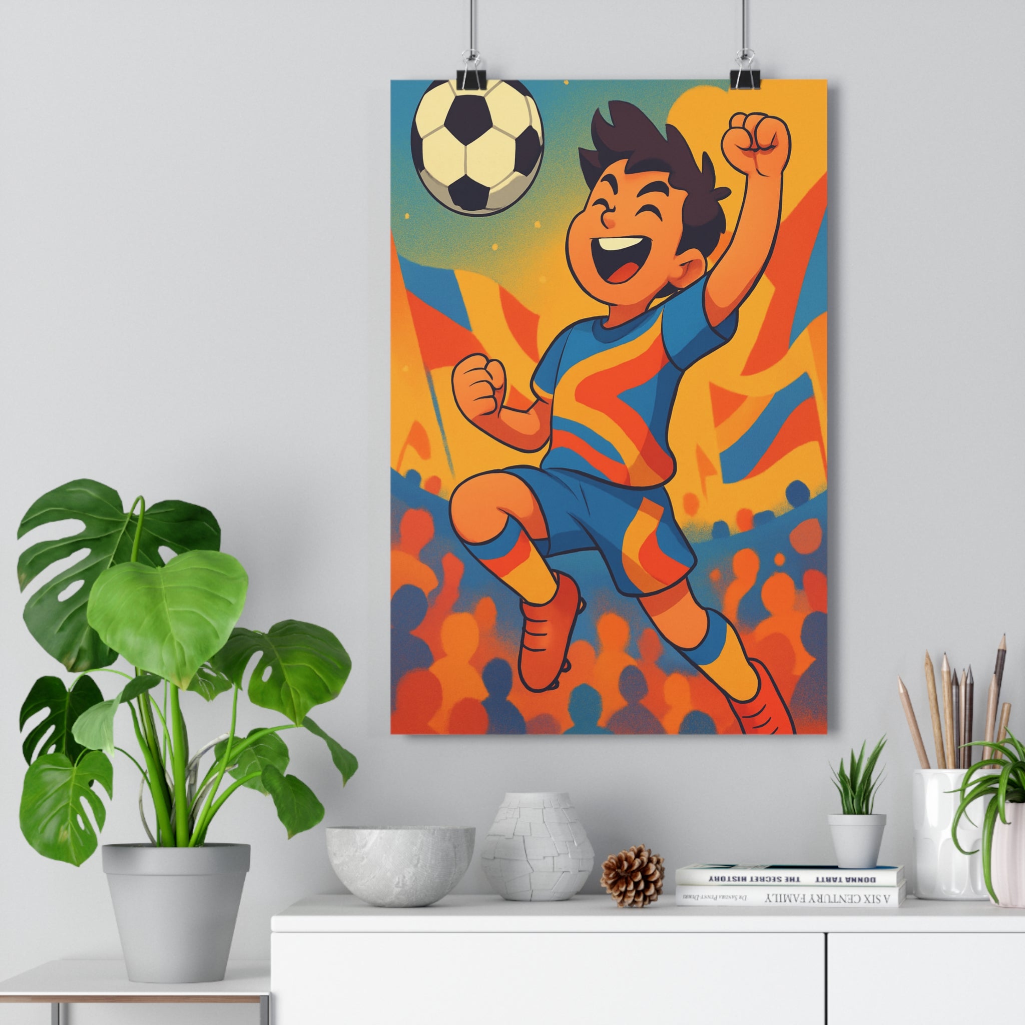 Poster décoratif vibrant cartoon orange bleu jaune enfant joyeux dynamique footballeur style moderne chambre