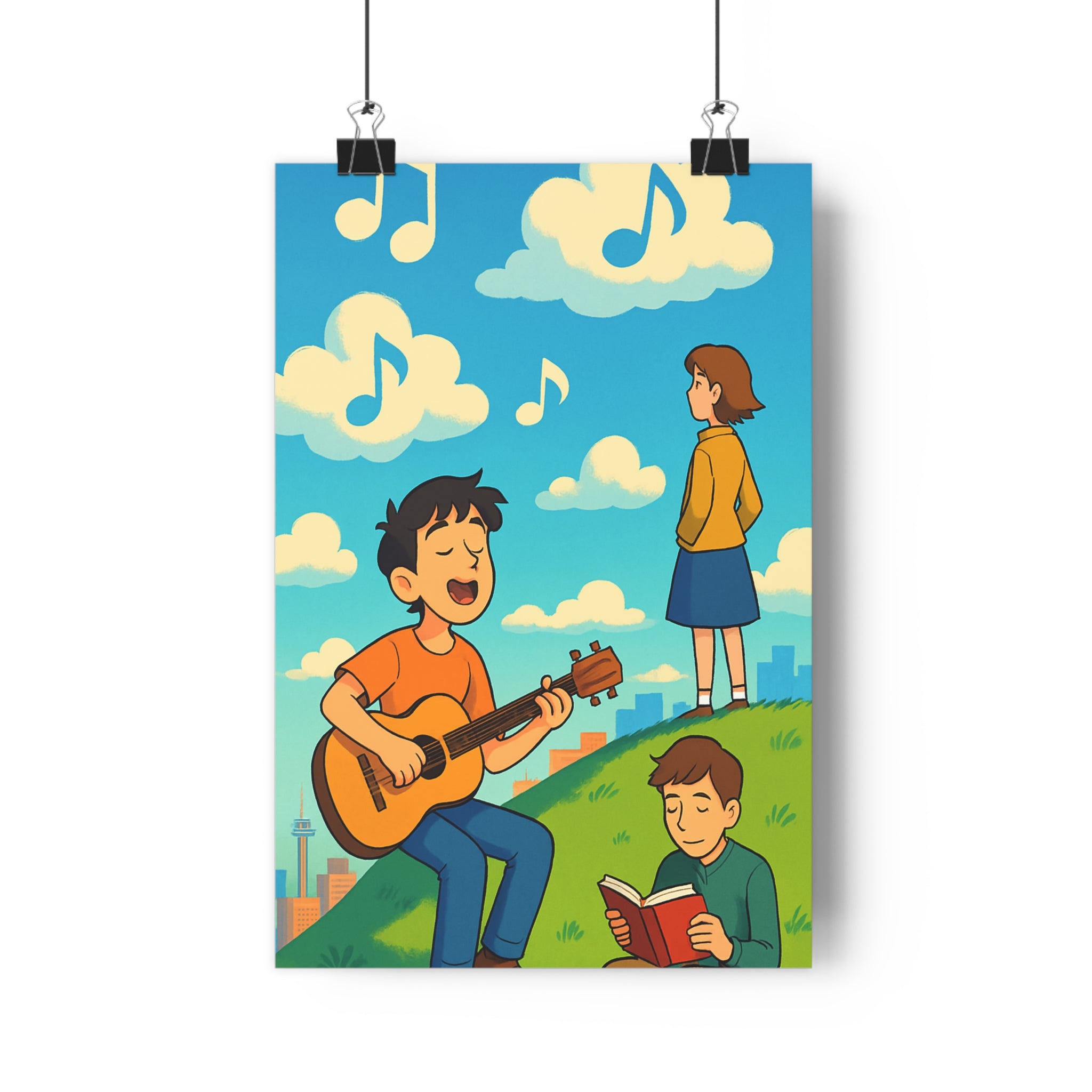 Poster décoratif cartoon bleu blanc créatif paisible chambre salon mural artistique unique guitare livre