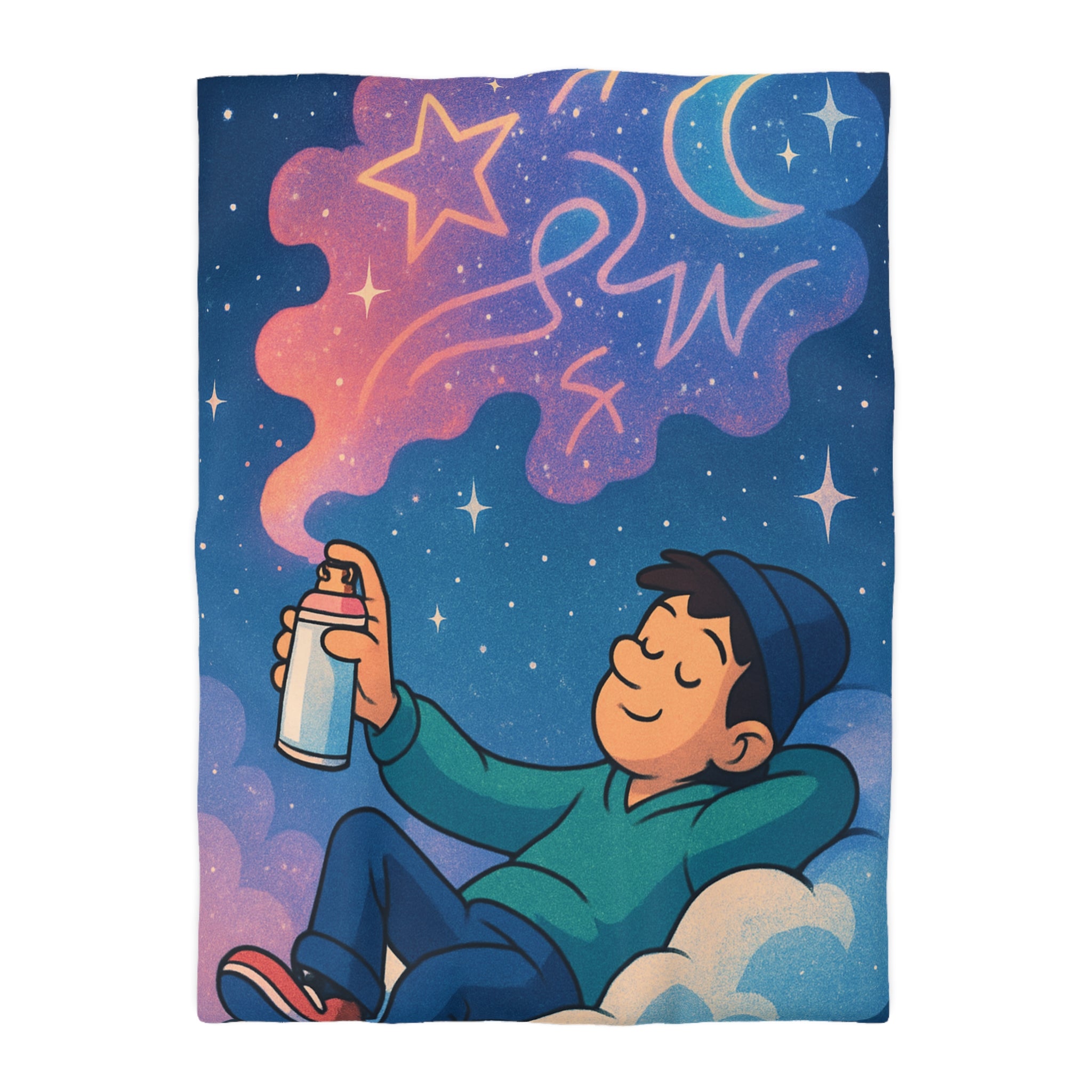 Housse de couette rêve étoilé avec jeune garçon et spray cosmique coloré
