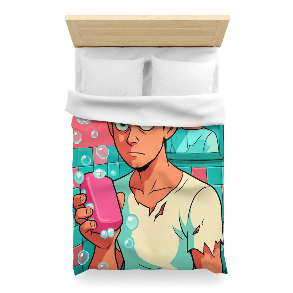 Housse de Couette avec Jeune Homme Déterminé Tenant Un Savon Rose en Colère