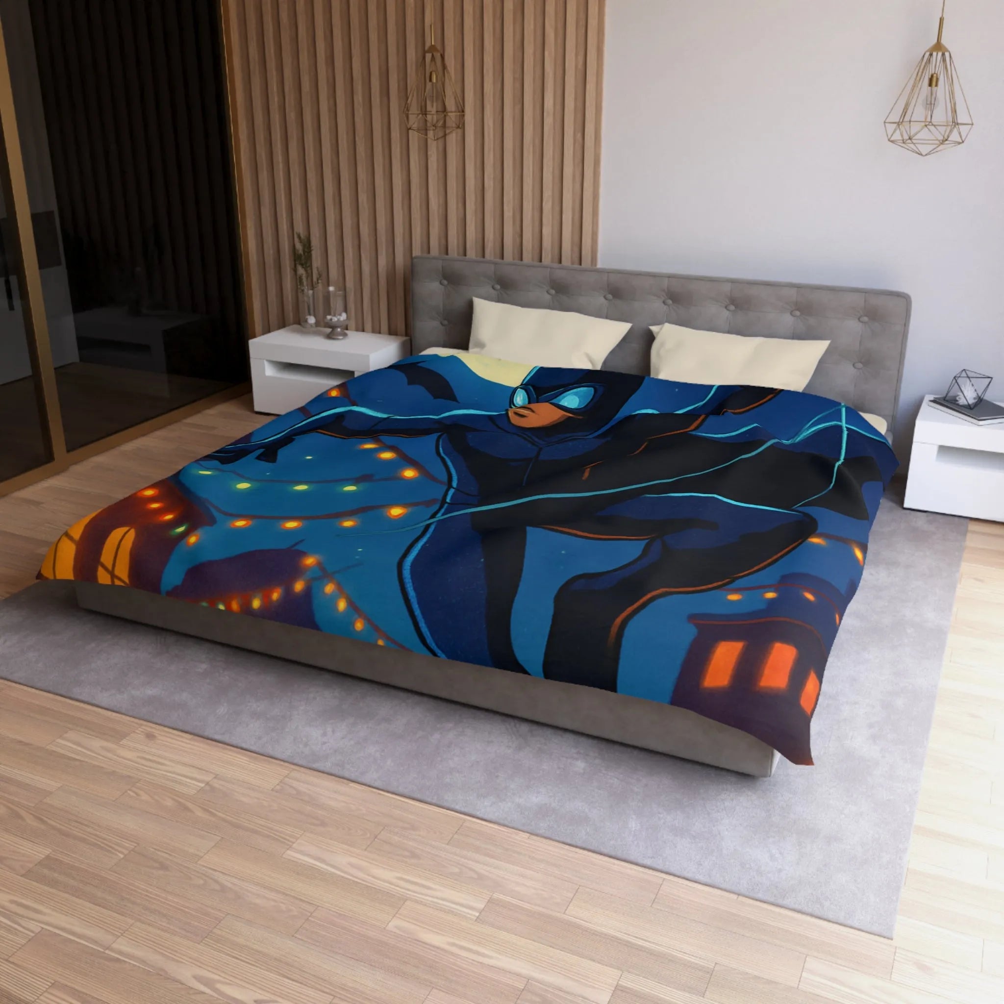 Housse de couette avec héros nocturne, ciel étoilé et décorations festives lumineuses