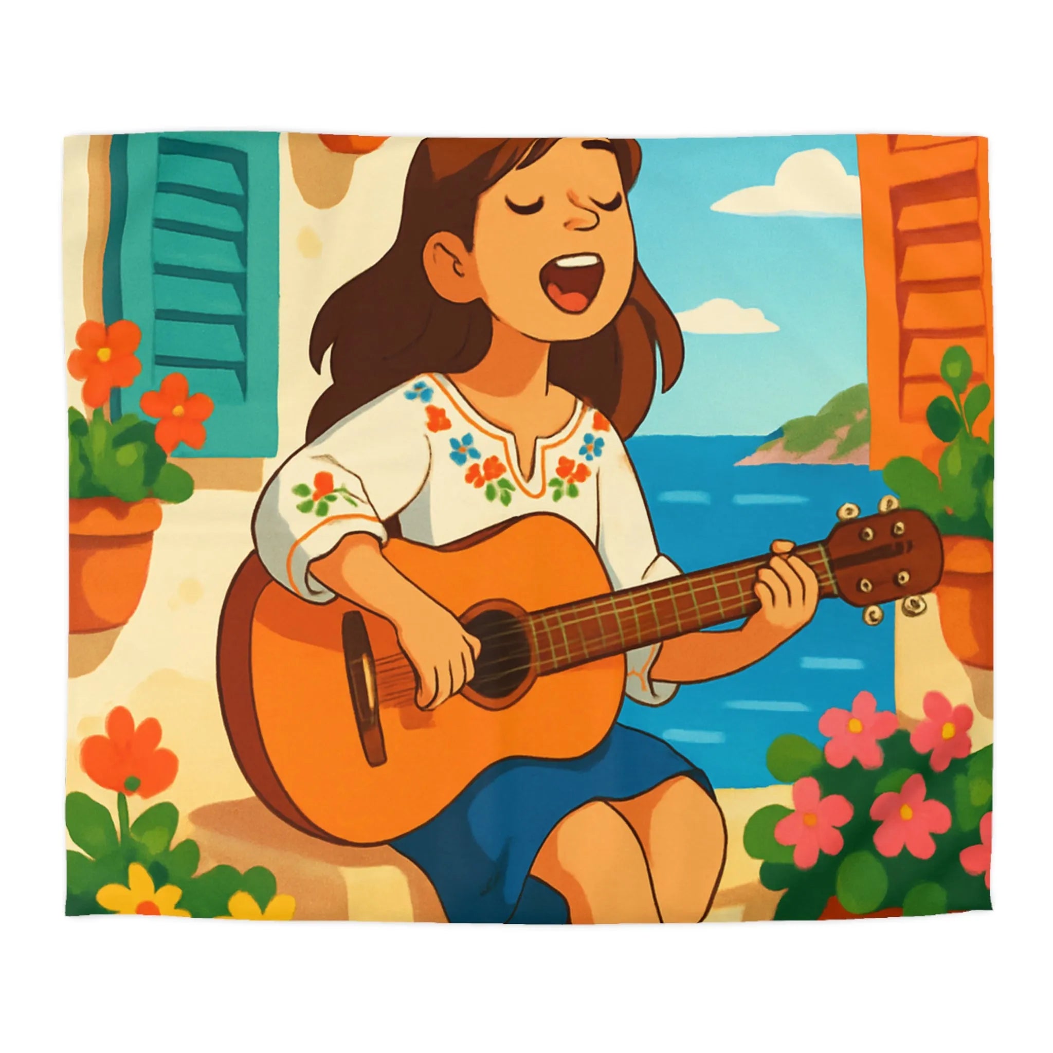 Housse de couette animée avec fille jouant de la guitare en bord de mer