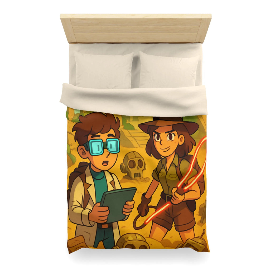 Housse de couette aventuriers explorant ruines mystérieuses en style cartoon animé coloré