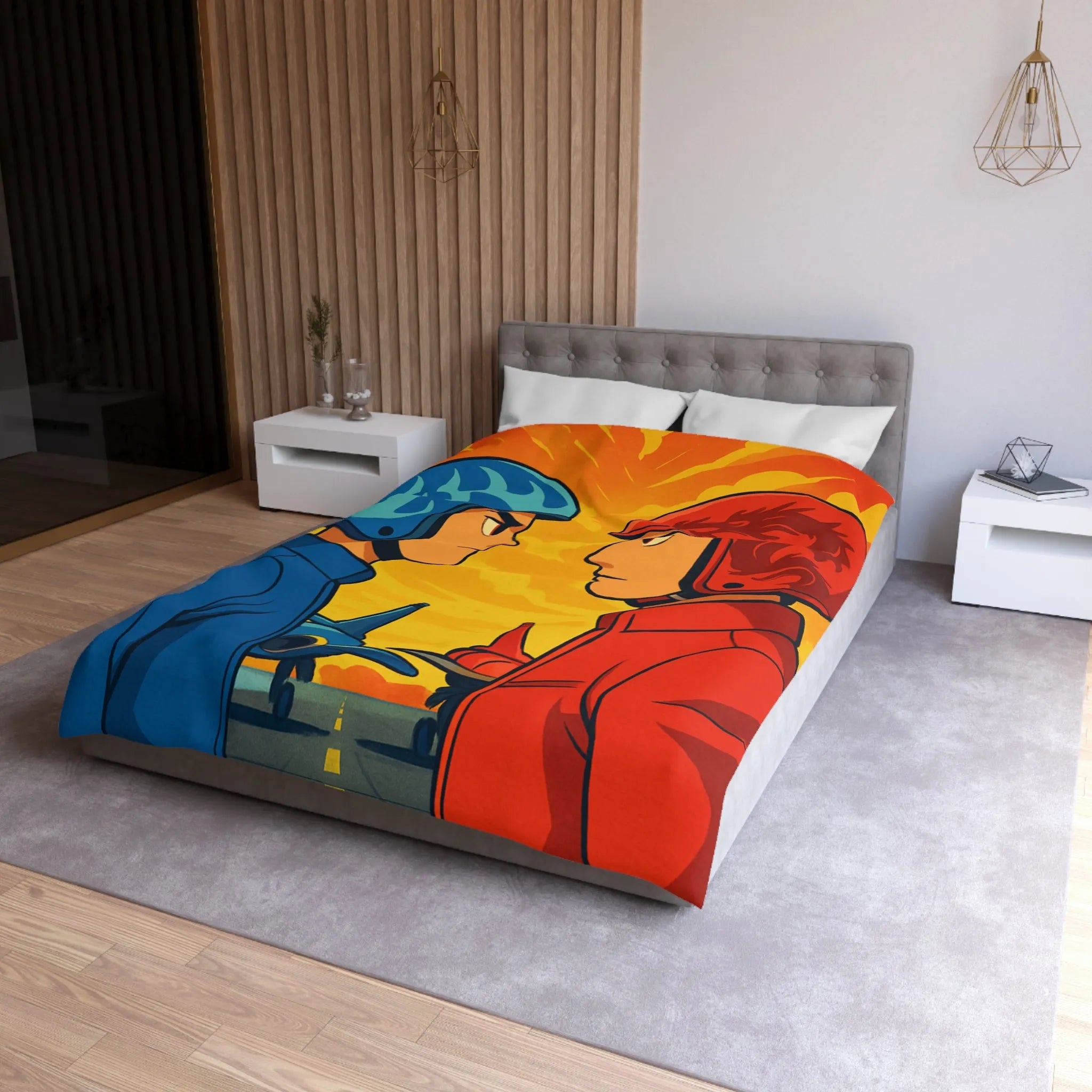 Housse de couette colorée avec deux pilotes et jets sur fond flamboyant