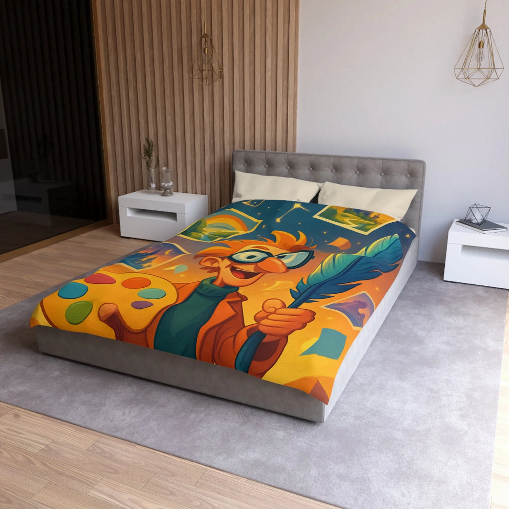 Housse de couette colorée avec paysage de conte de fées et artiste joyeux