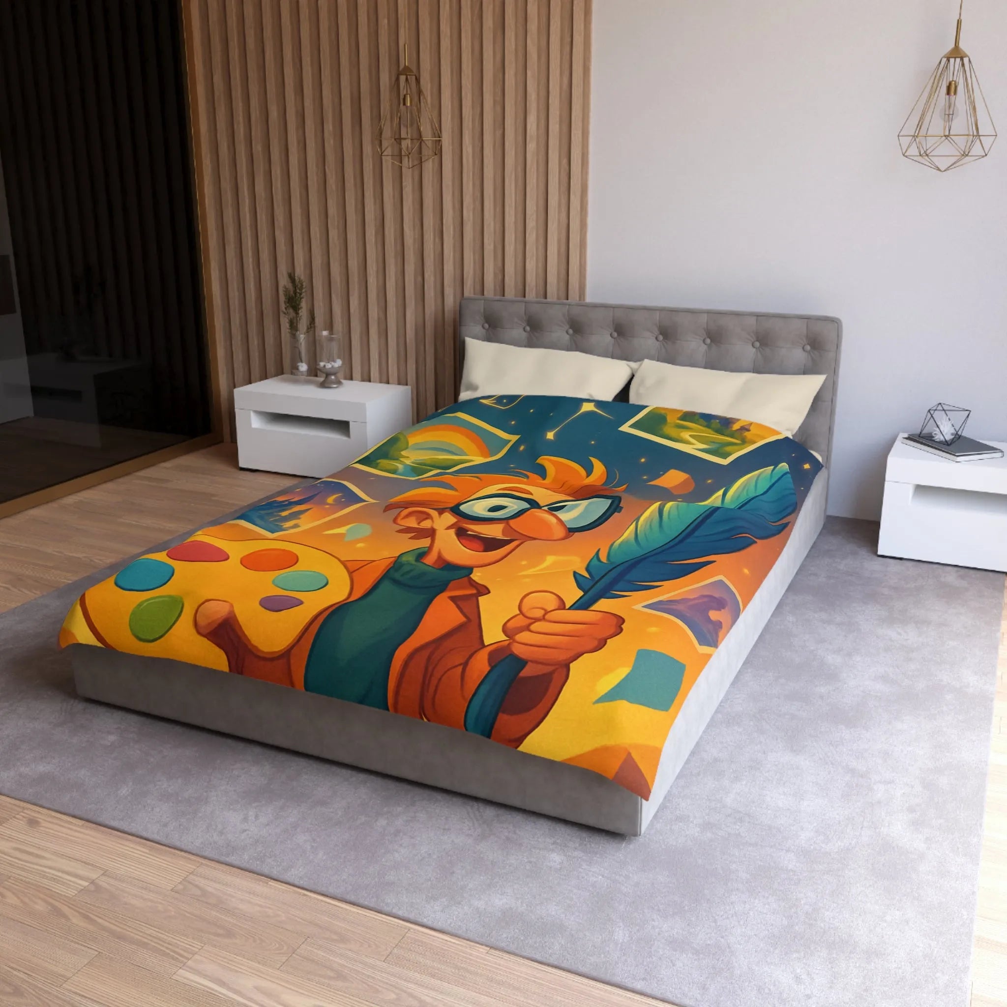 Housse de couette colorée avec paysage de conte de fées et artiste joyeux