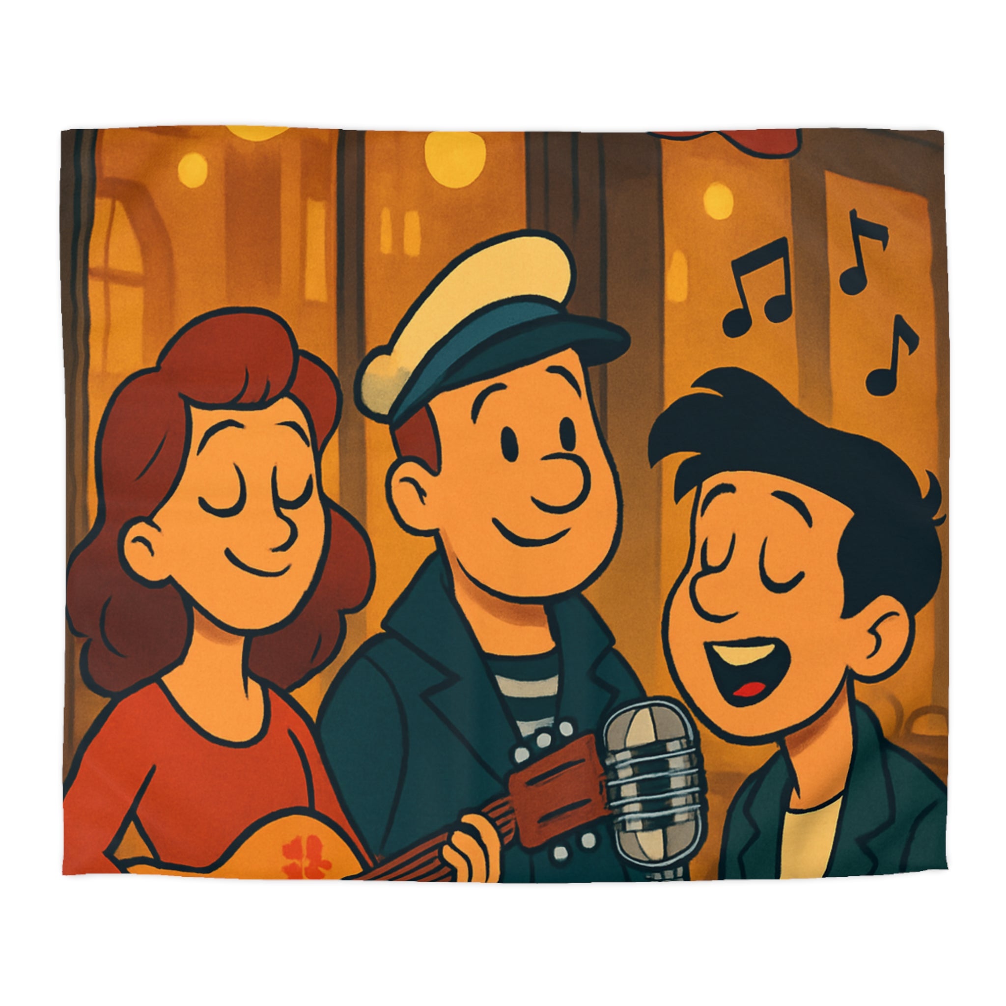 Housse de Couette Vintage avec Scène de Musique de Rue Nocturne et Personnages Colorés