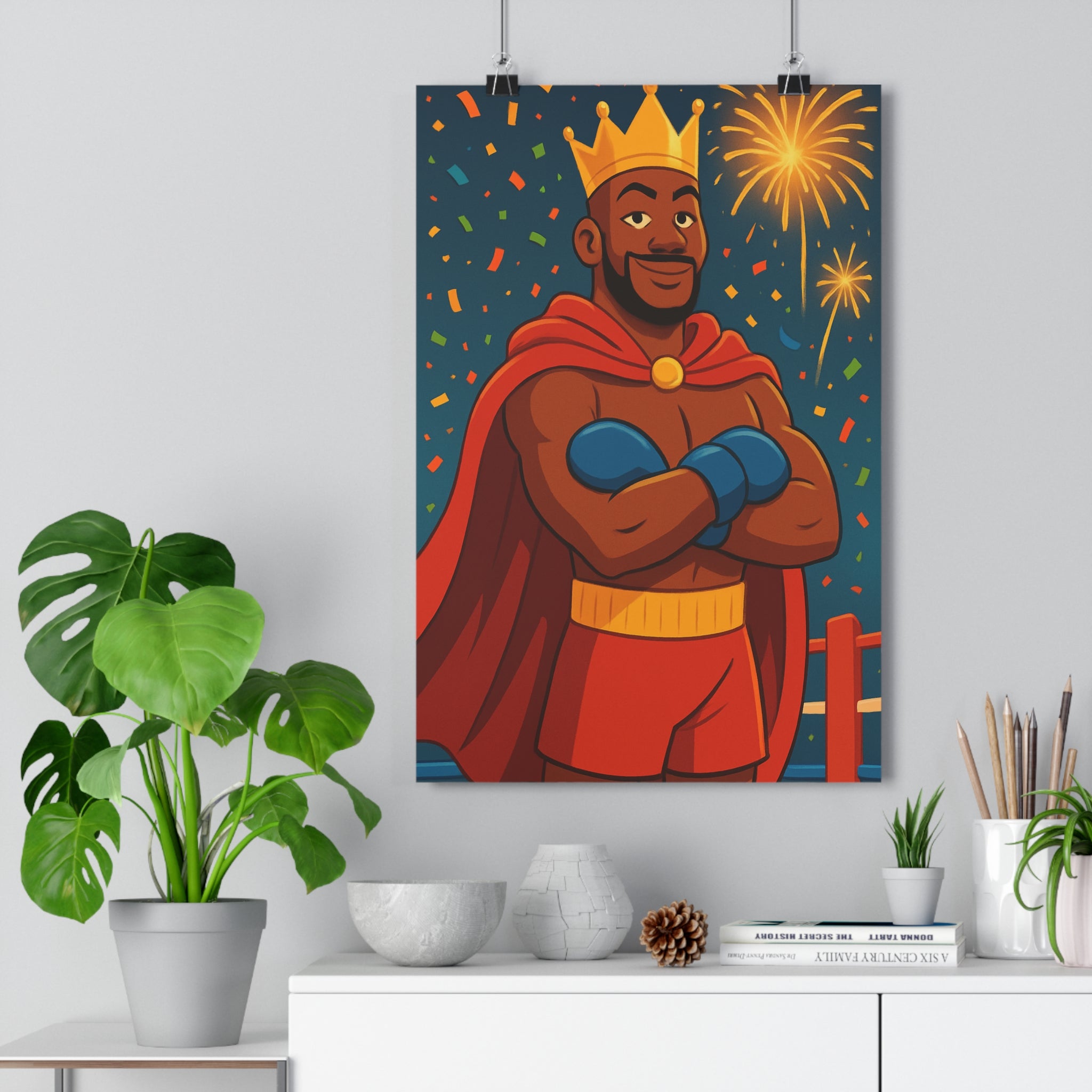 Poster décoratif boxeur dessin animé rouge bleu joyeux chambre enfant cape ring célébration 30x46